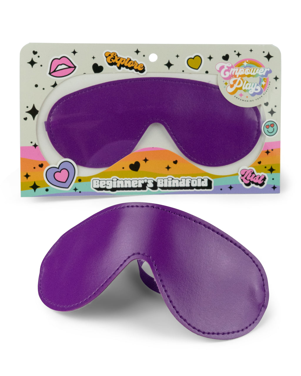 Cosmic purple beginner BDSM blindfold displayed in Empower Play™ retail packaging and as the product outside the package