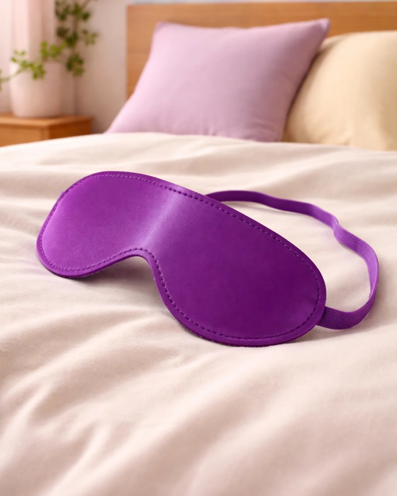 Empower Play™ purple faux leather beginner BDSM blindfold flat lay — soft design for sensory play