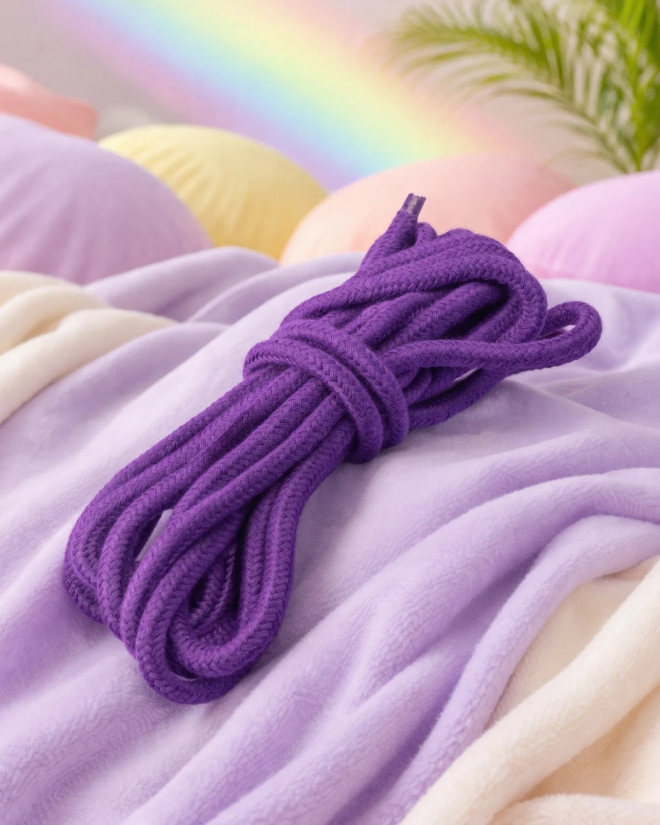 Purple cotton bondage rope on soft bed for beginner BDSM restraint and comfortable rope play