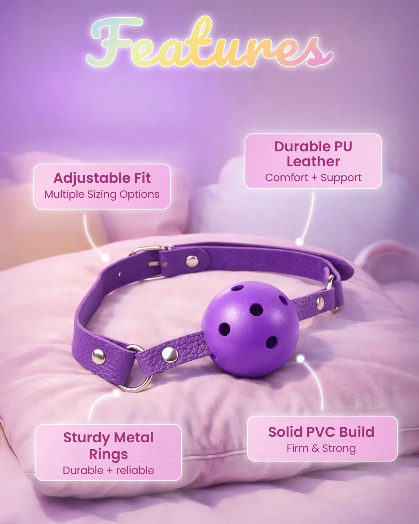 Purple breathable ball gag features highlighting airflow design, firm PVC ball, and adjustable strap fit