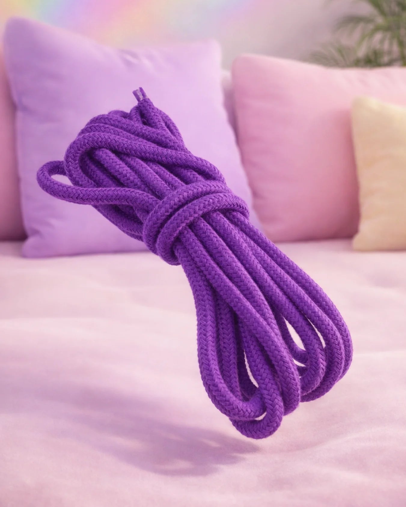 Purple cotton bondage rope for beginner BDSM rope play with soft breathable cotton and gentle restraint use