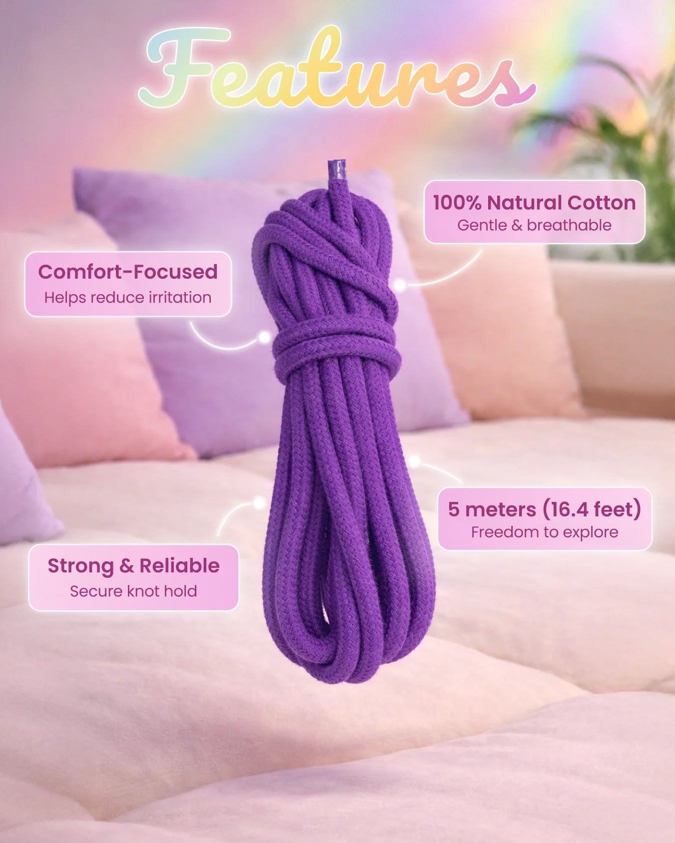 Purple cotton bondage rope features including soft cotton fibers, 5 meter length, and strong reliable knot hold for BDSM rope play
