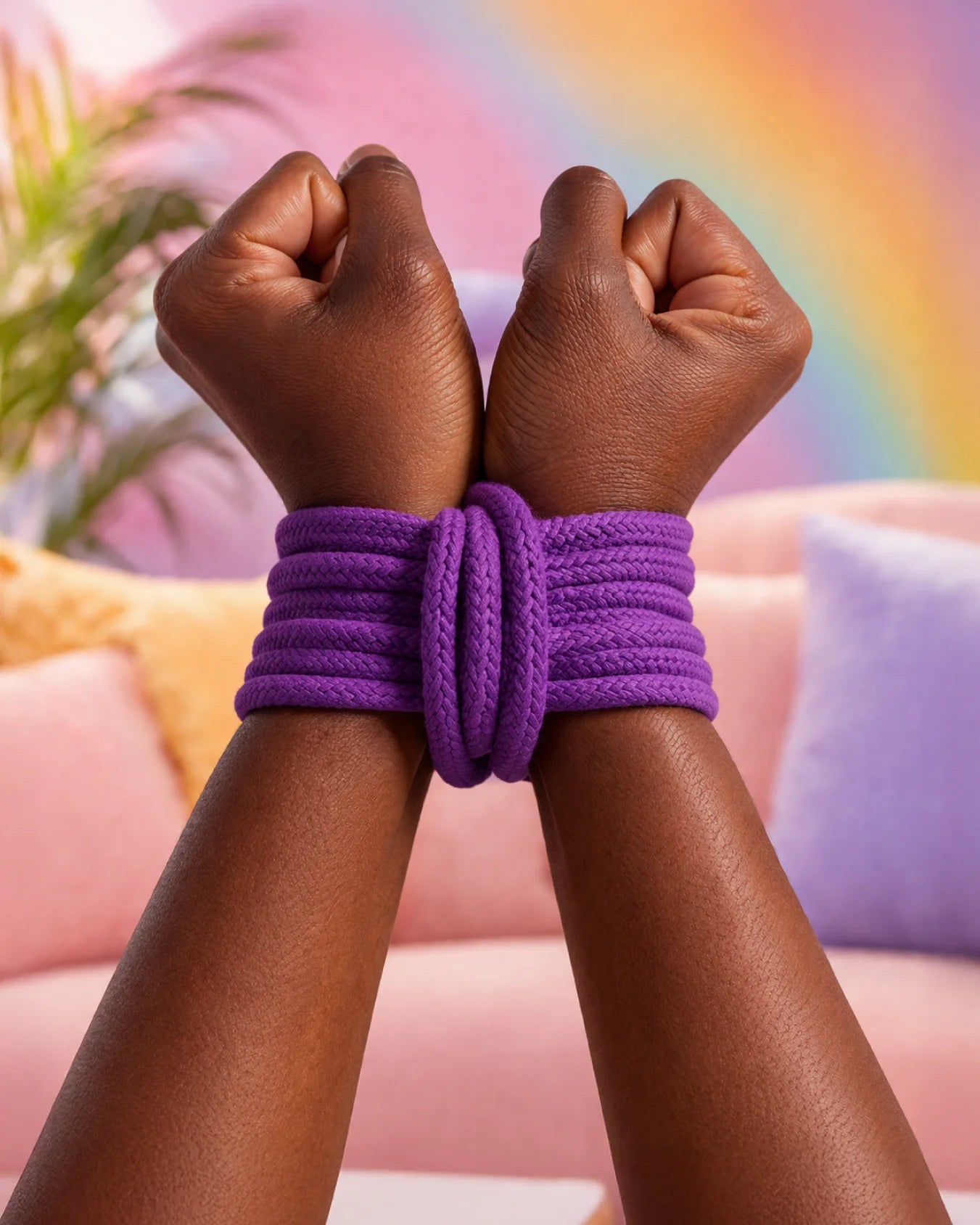 Purple cotton bondage rope wrist tie demonstrating beginner BDSM rope restraint with soft cotton material