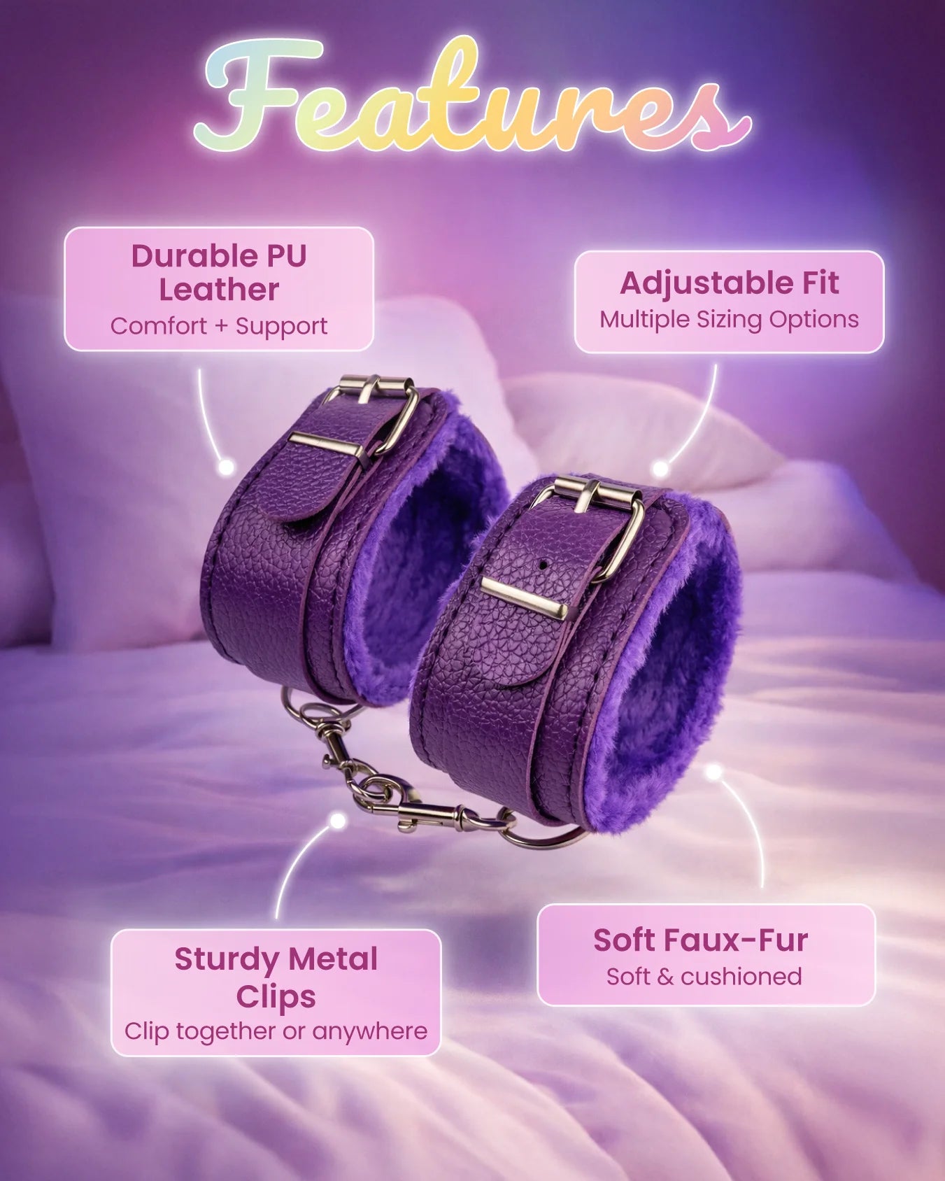 Purple ankle cuffs feature soft faux-fur lining, adjustable straps, and durable clips for secure restraint