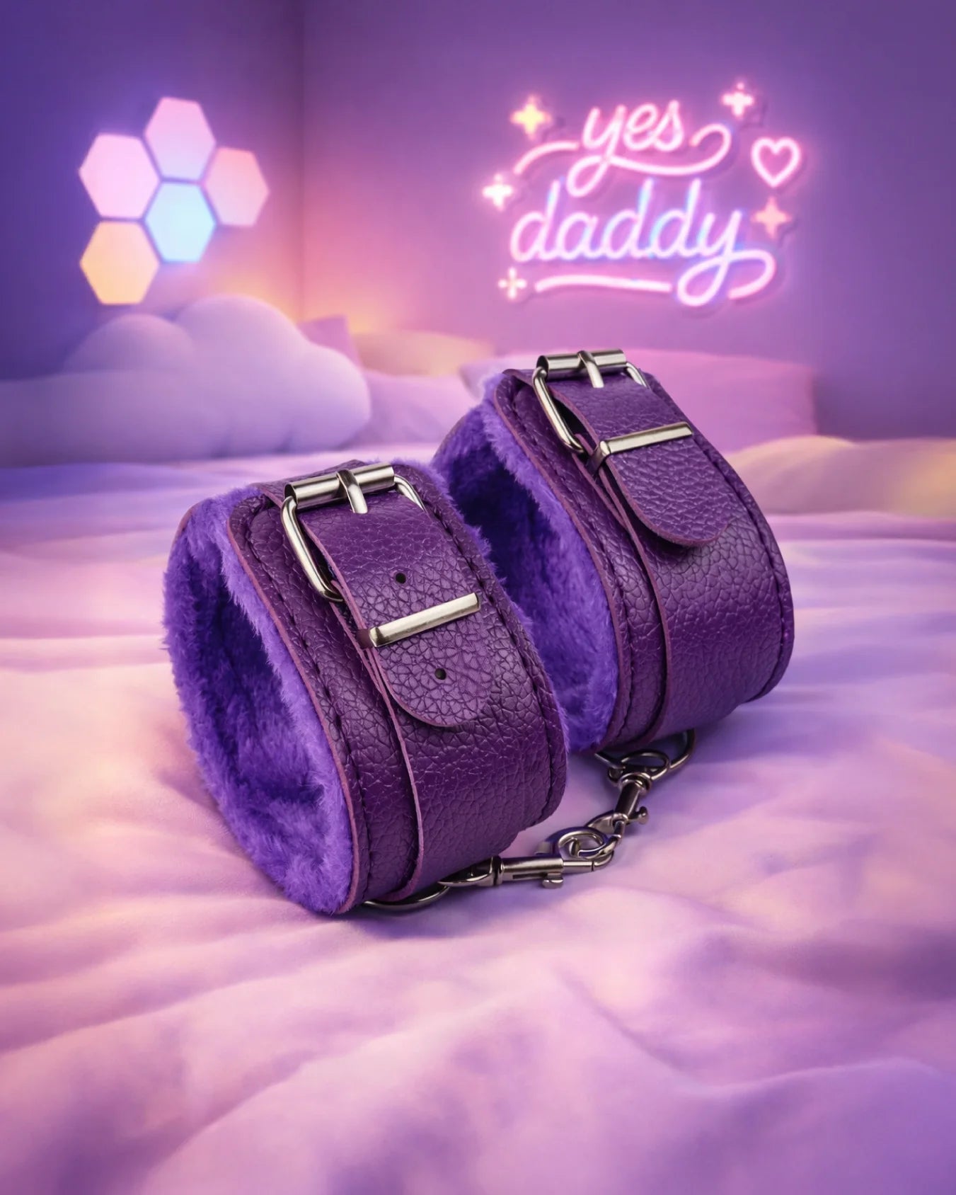 Purple fur-lined ankle restraints by Empower Play™ with soft faux-fur cuffs for comfortable beginner bondage play