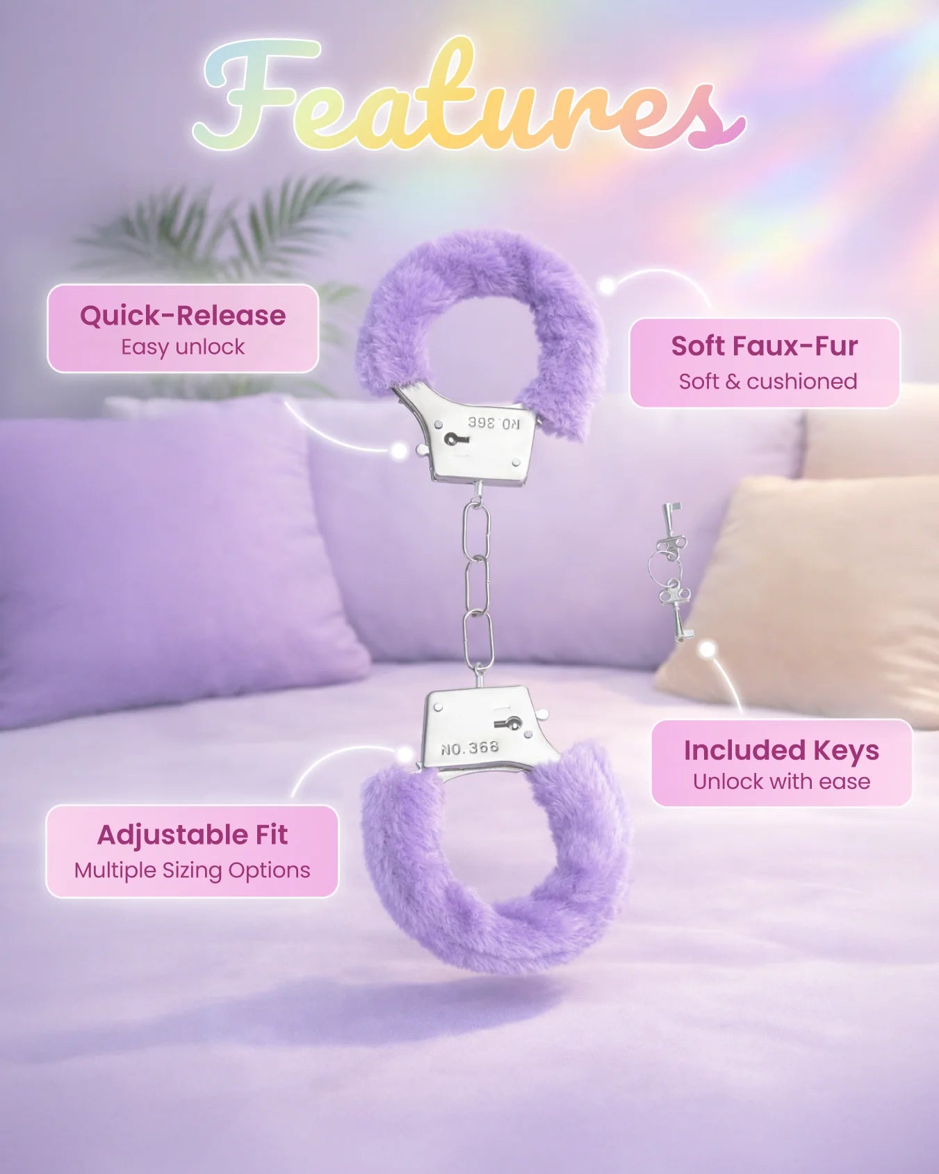 Purple furry BDSM handcuffs features including soft faux fur lining, adjustable straps, quick release, and keys for secure restraint