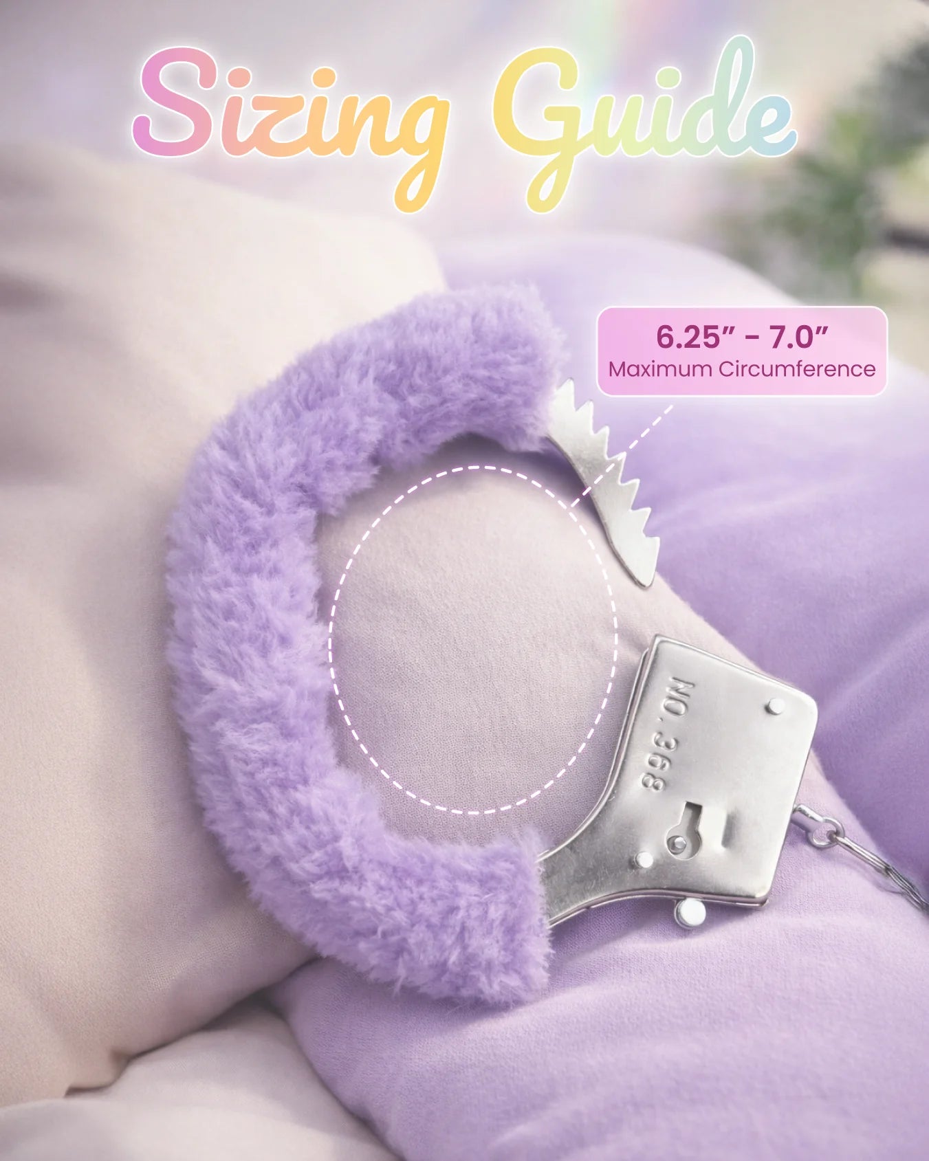 Purple furry BDSM handcuffs sizing guide displaying cuff size and adjustable fit for soft bondage restraint
