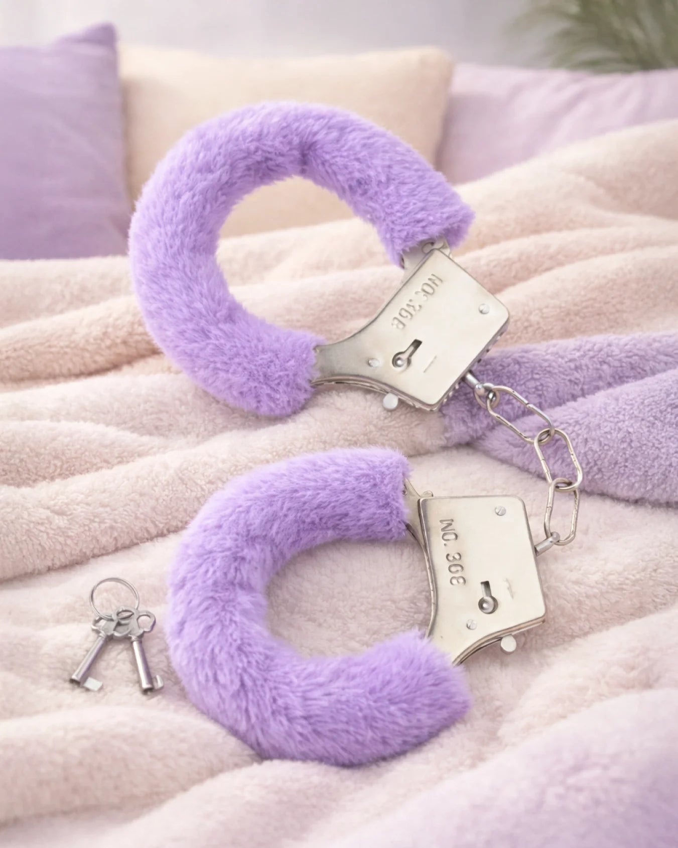 Purple furry bondage handcuffs with plush faux fur lining on bed for soft, comfortable BDSM restraint and adjustable fit