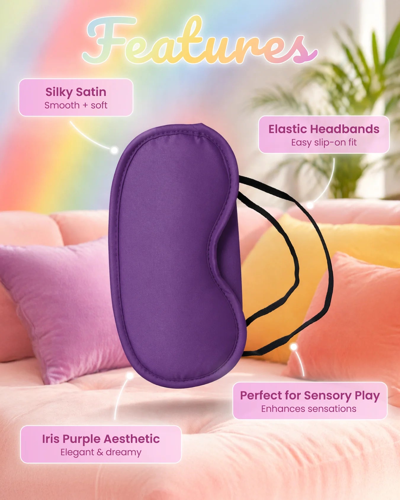 Purple satin blindfold with silky smooth fabric and elastic strap designed for lightweight sensory play