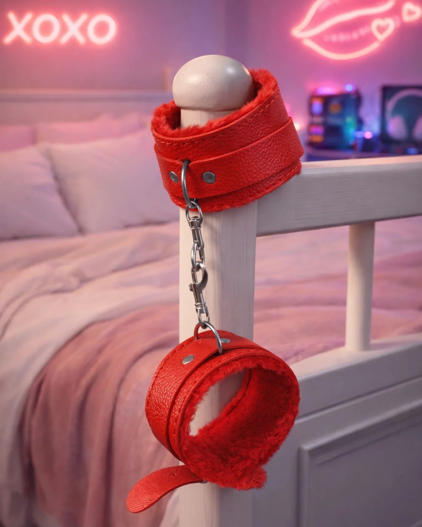 Red fur-lined ankle restraints attached to bedpost with chain, combining bold color with soft comfort