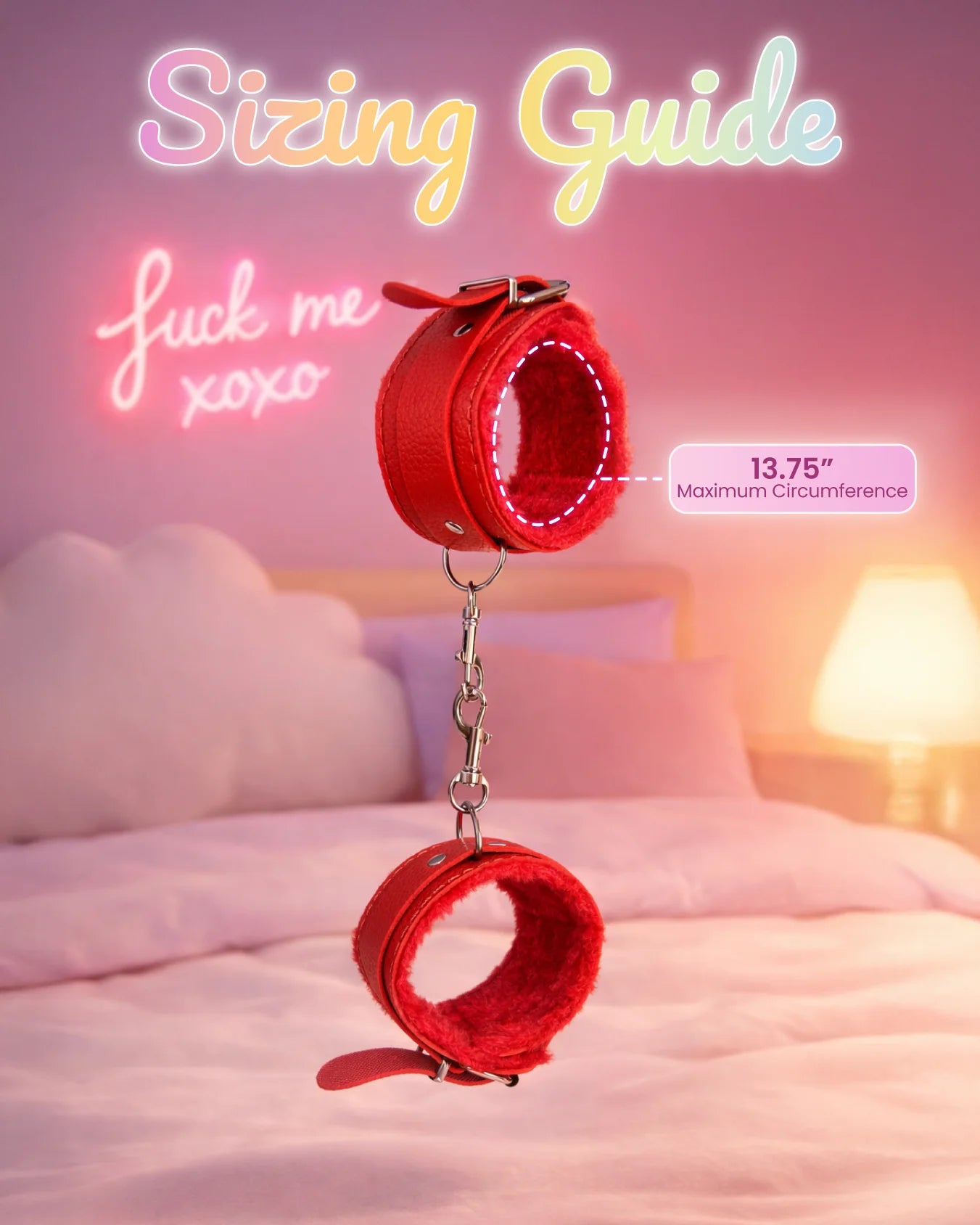 Red fur-lined ankle restraints sizing guide showing dimensions and adjustable fit for secure wear