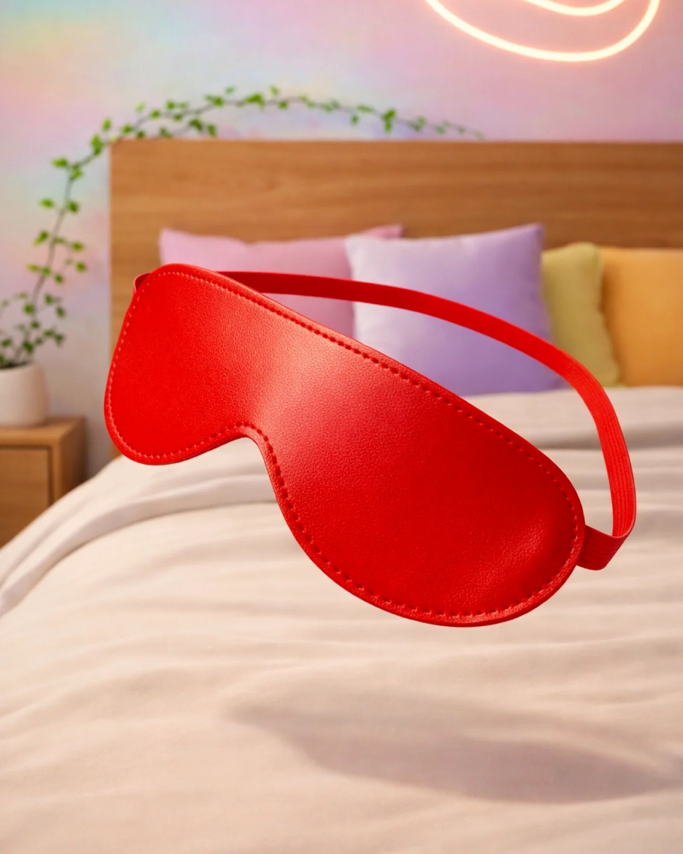Empower Play™ red faux leather BDSM blindfold for beginners — soft padded interior for bold sensory play