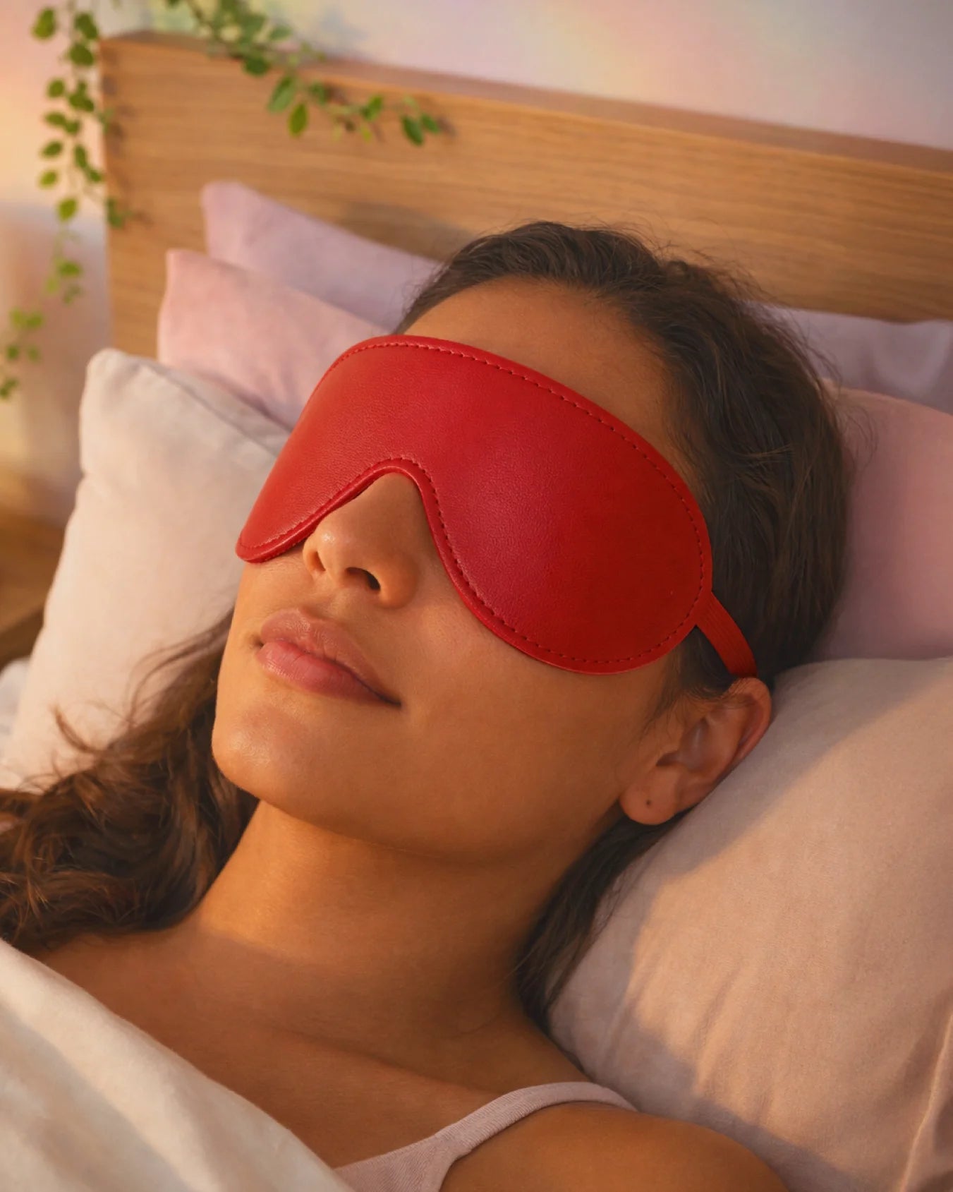 Woman wearing Empower Play™ red BDSM blindfold for sensory deprivation — comfortable beginner-friendly fit