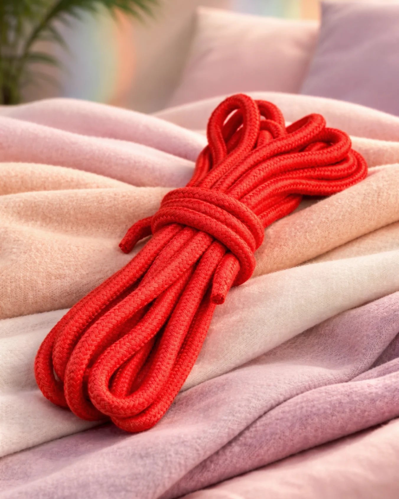 Red cotton bondage rope on bed for beginner BDSM restraint and comfortable rope tying