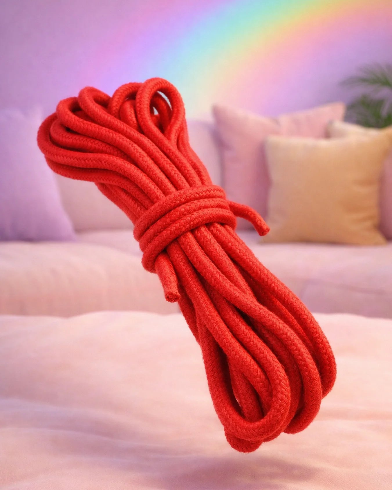 Red cotton bondage rope for BDSM rope play with soft cotton material and strong secure knot hold for restraint