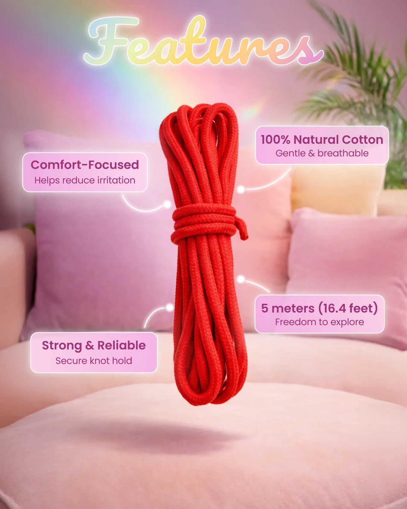 Red cotton bondage rope features showing 100 percent cotton build, 5 meter length, and reliable knot hold for BDSM rope play