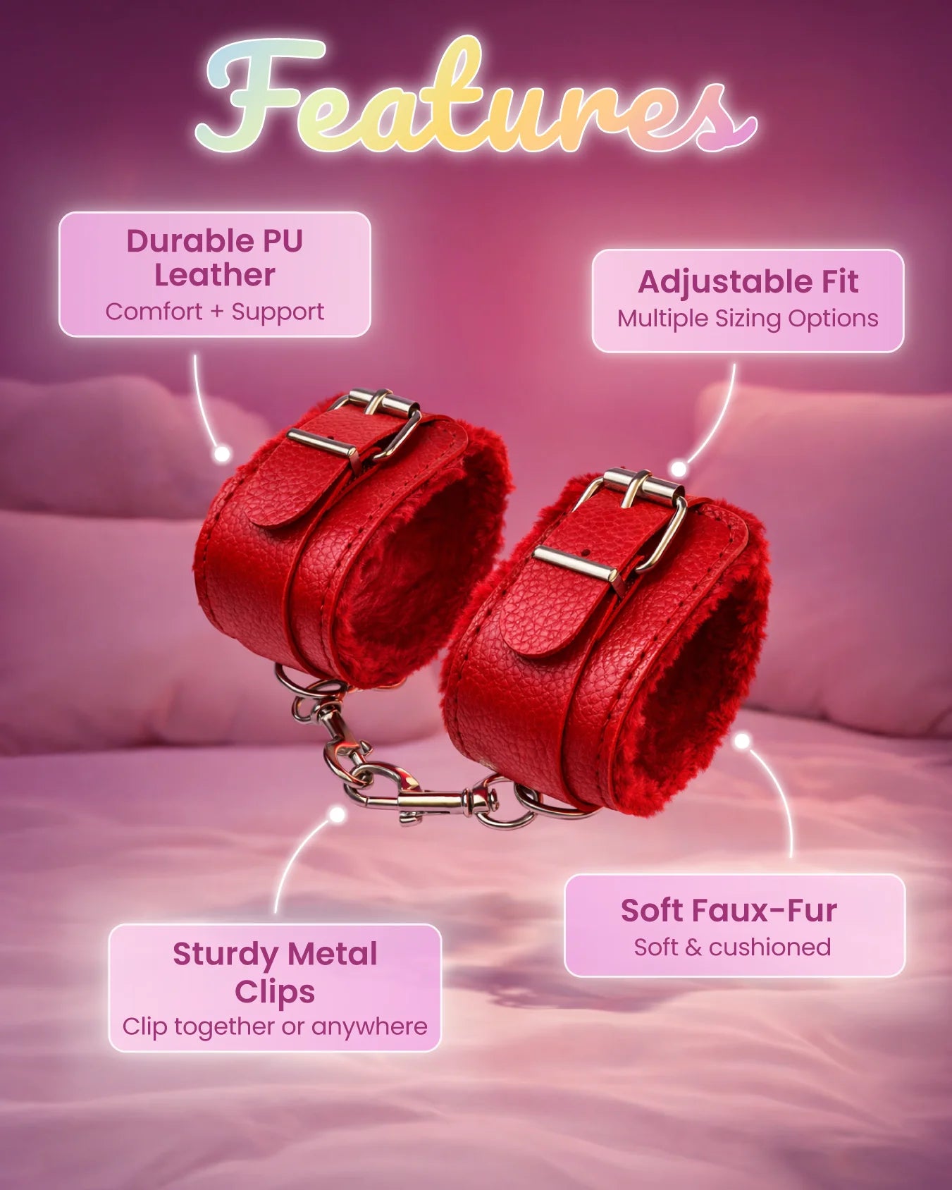 Red ankle cuffs feature soft faux-fur lining, adjustable fit, and sturdy clips for reliable restraint