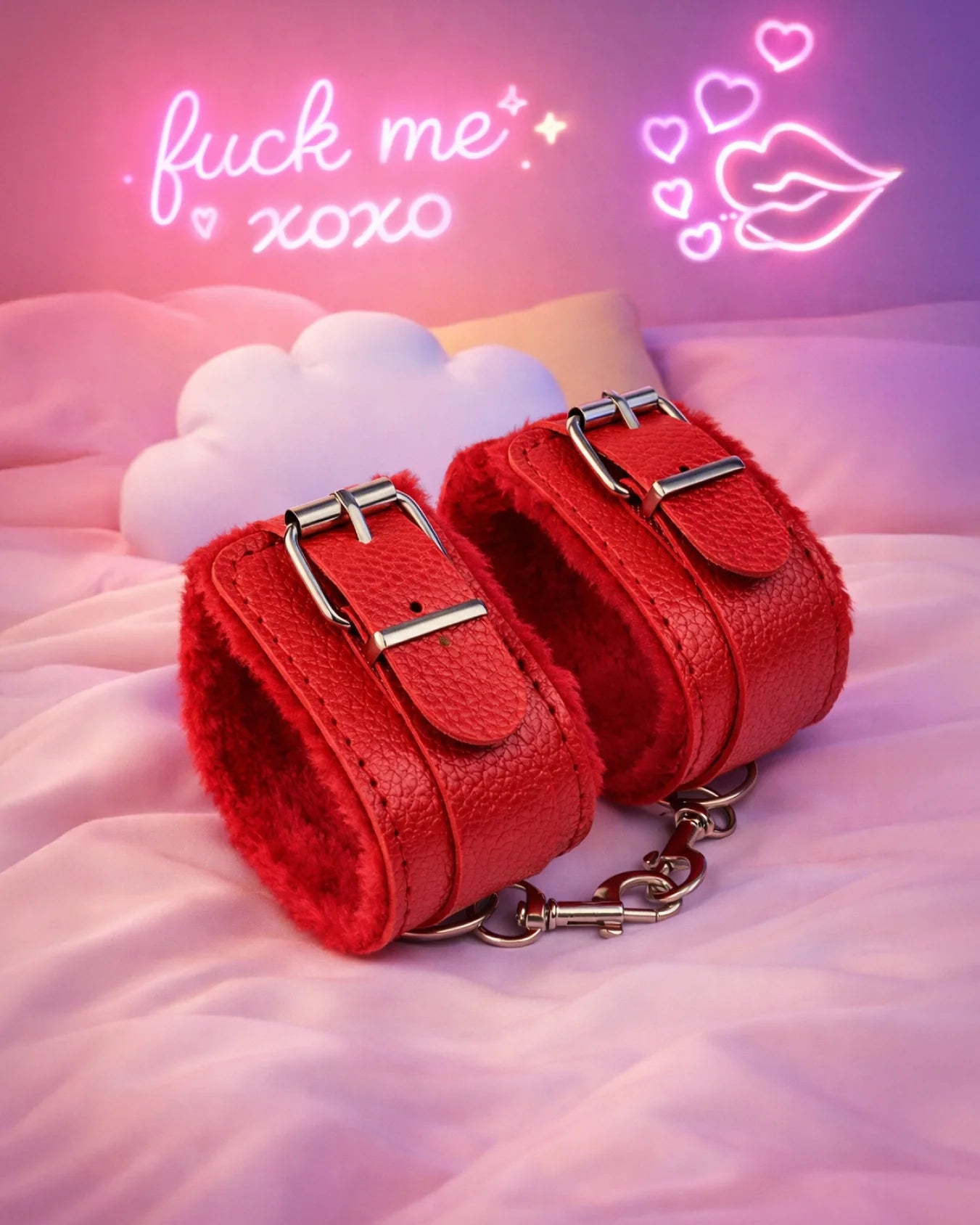 Red fur-lined ankle restraints by Empower Play™ with soft lining, designed for playful and beginner-friendly restraint