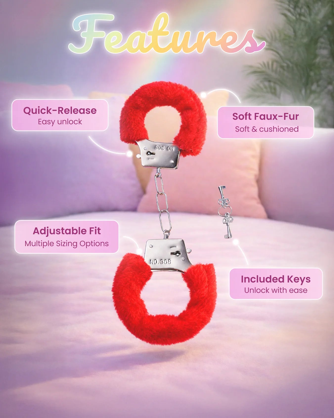 Red furry BDSM handcuffs feature graphic showing adjustable fit, soft faux fur lining, quick release, and included keys