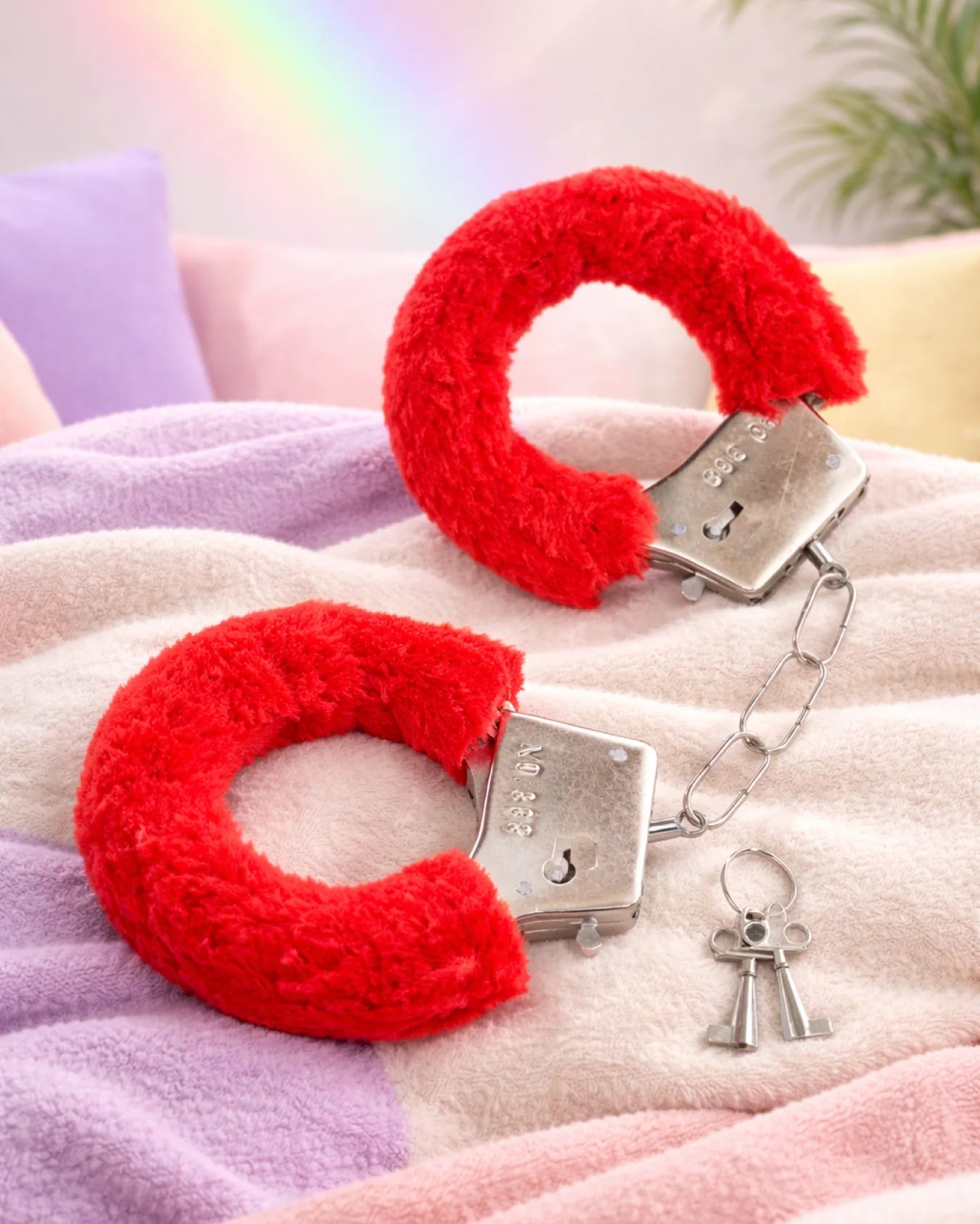 Red furry bondage handcuffs with soft fur lining and metal cuffs on bed for adjustable BDSM restraint and playful control