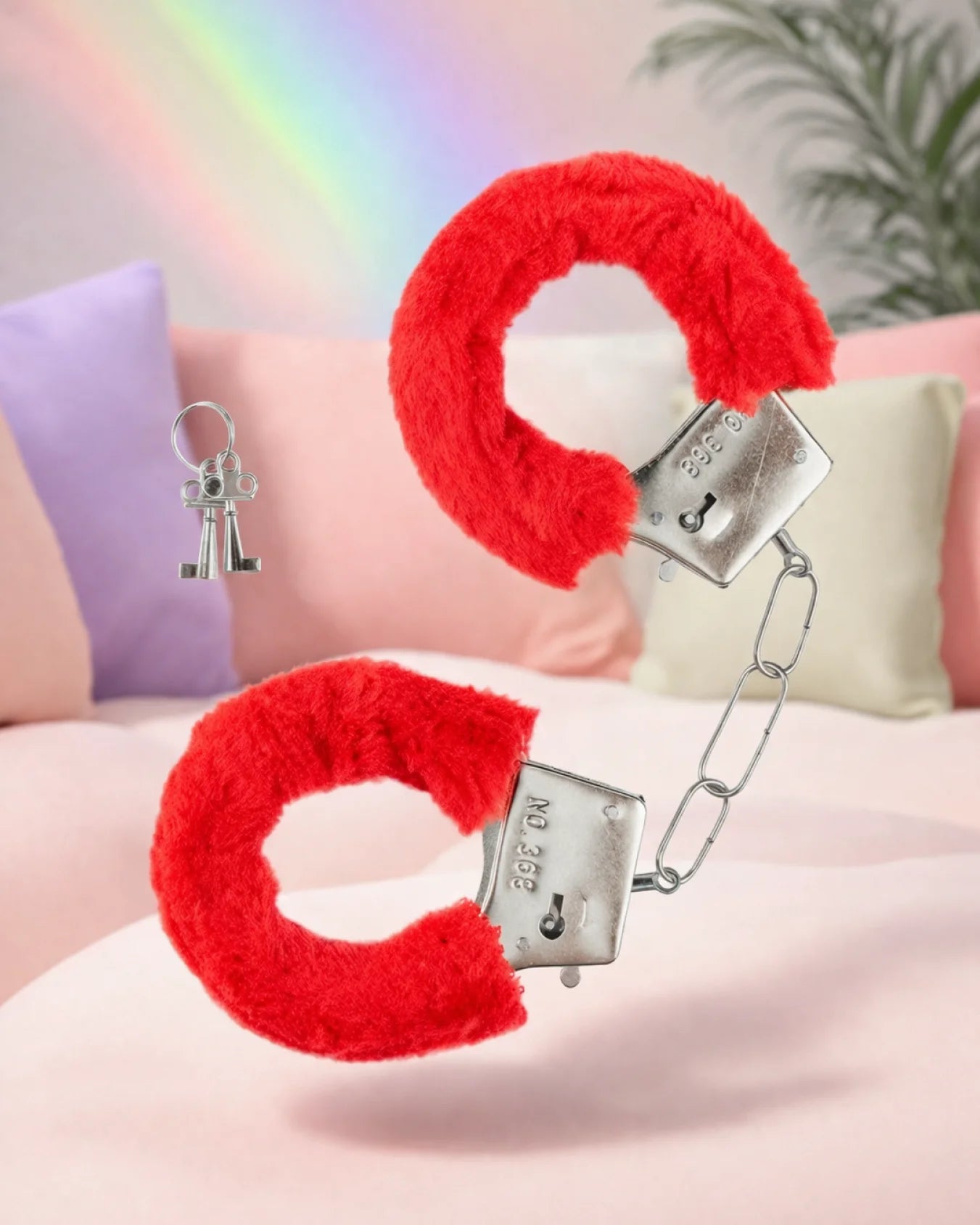 Red furry bondage handcuffs with soft fur lining and metal cuffs for adjustable BDSM restraint and secure fit
