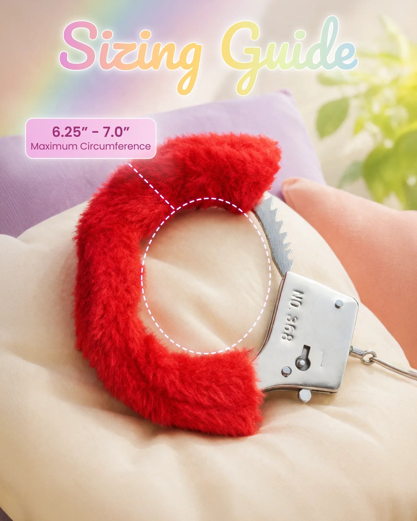 Red furry bondage handcuffs sizing guide showing cuff circumference and adjustable fit for secure BDSM restraint