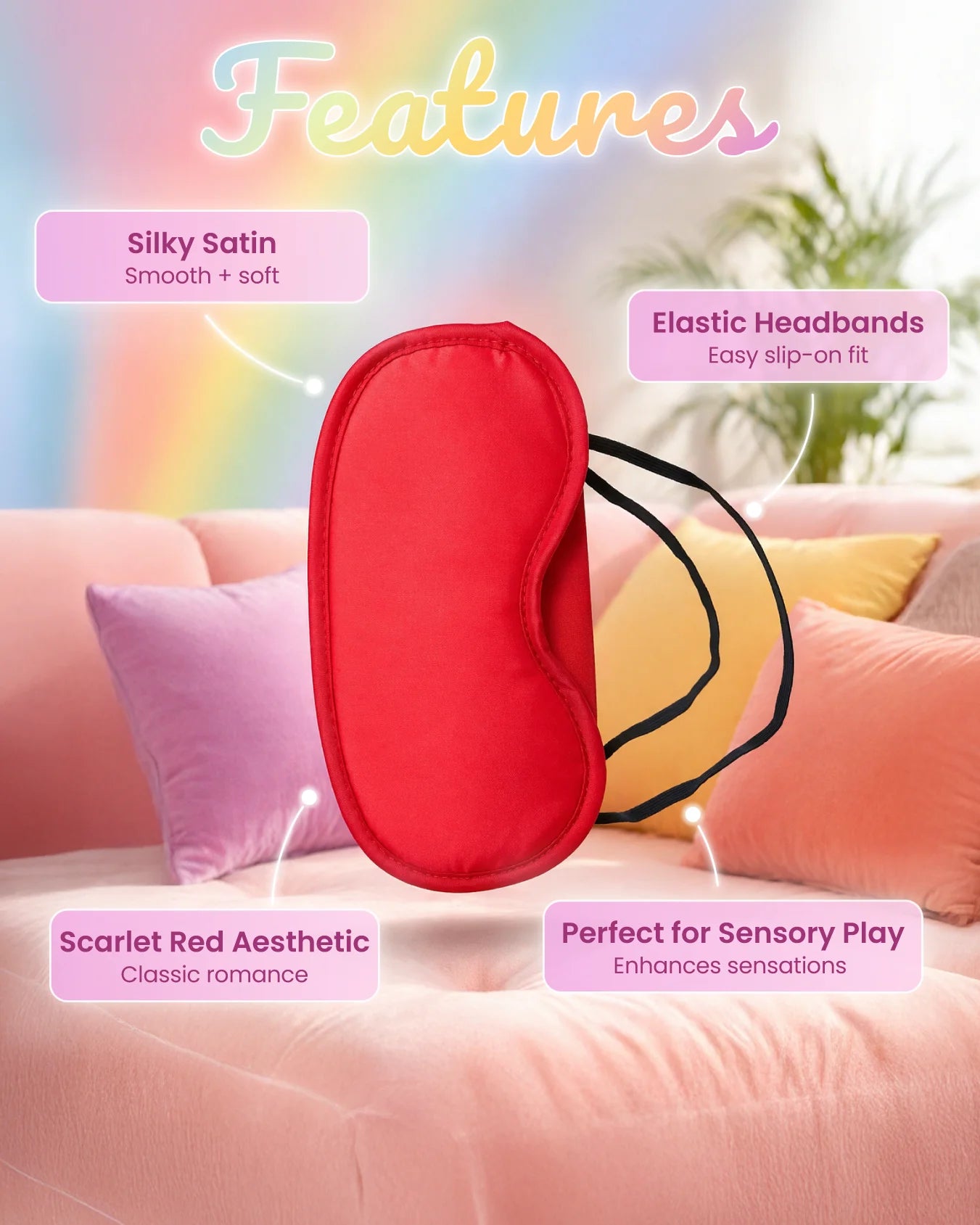 Red satin blindfold with silky smooth fabric and elastic strap designed for lightweight sensory play and comfortable fit