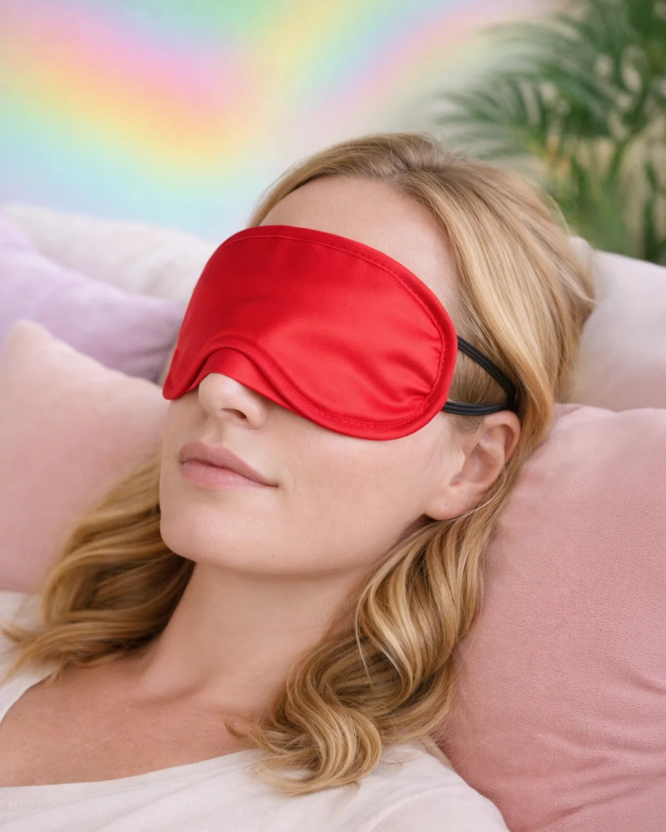 Woman wearing red satin blindfold for sensory play designed for lightweight comfort and smooth fabric feel