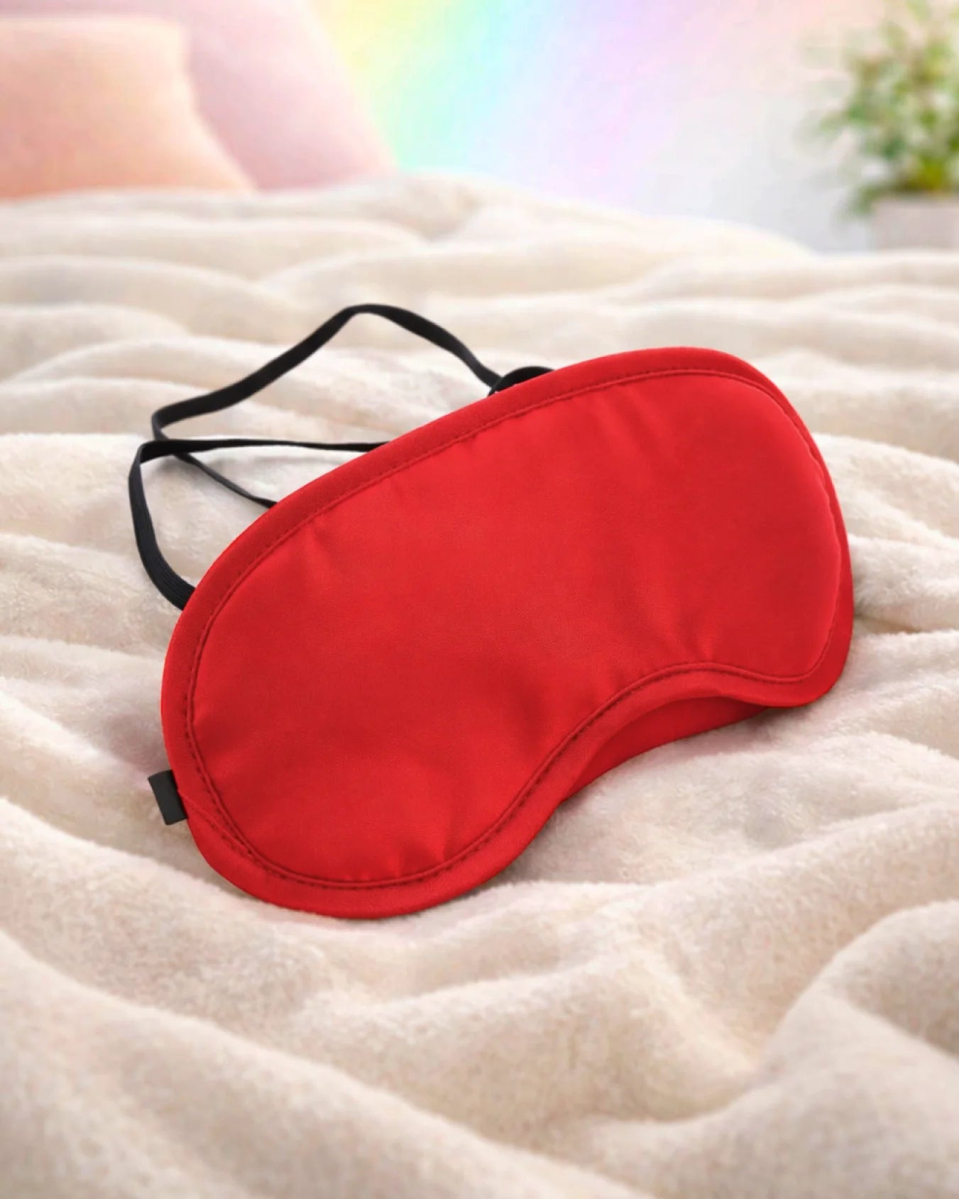 Red satin blindfold resting on bed with soft fabric texture designed for relaxed sensory deprivation and comfort