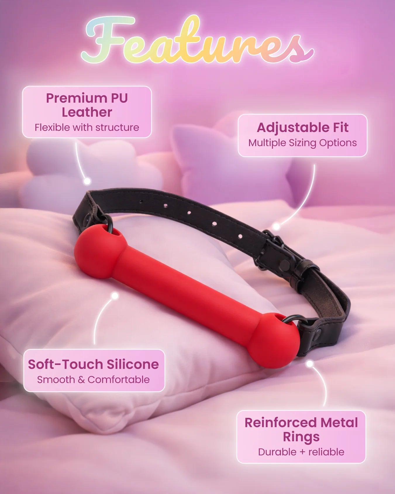 Red silicone bit gag feature graphic highlighting soft-touch silicone, adjustable fit, and reinforced hardware