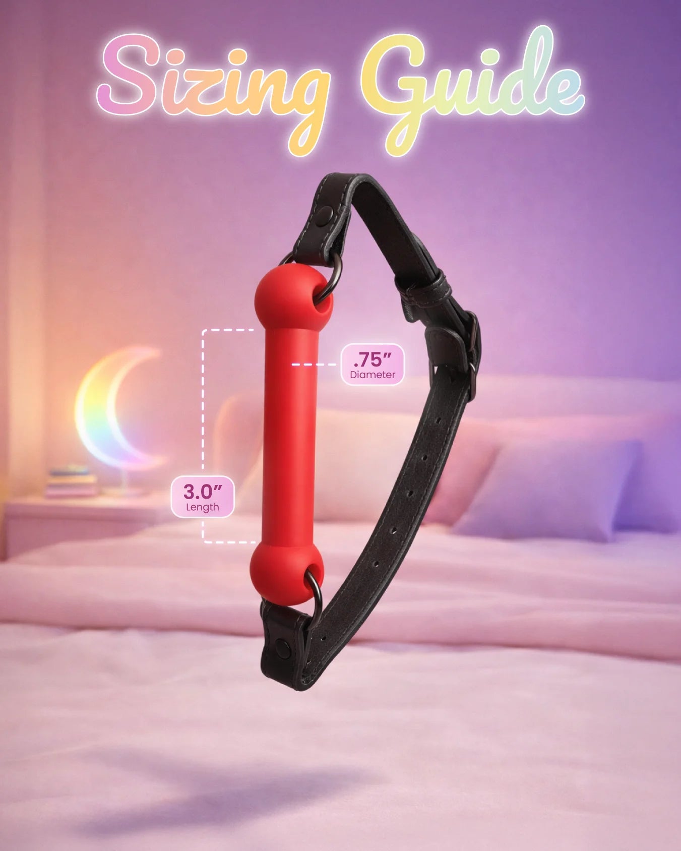 Red silicone bit gag sizing guide showing dimensions and fit for a secure and low-strain mouth gag experience