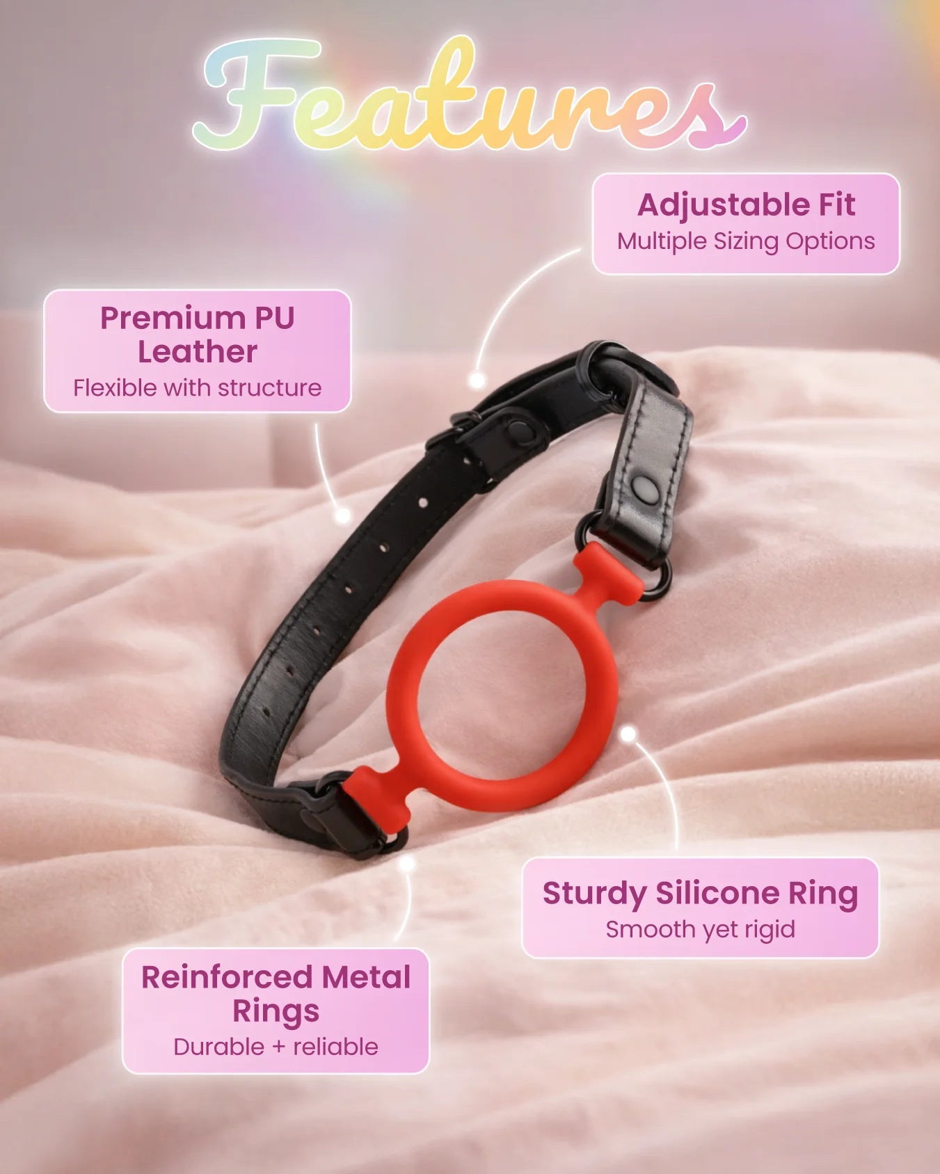 Red silicone O-ring gag features highlighting smooth silicone ring, adjustable straps, and durable construction