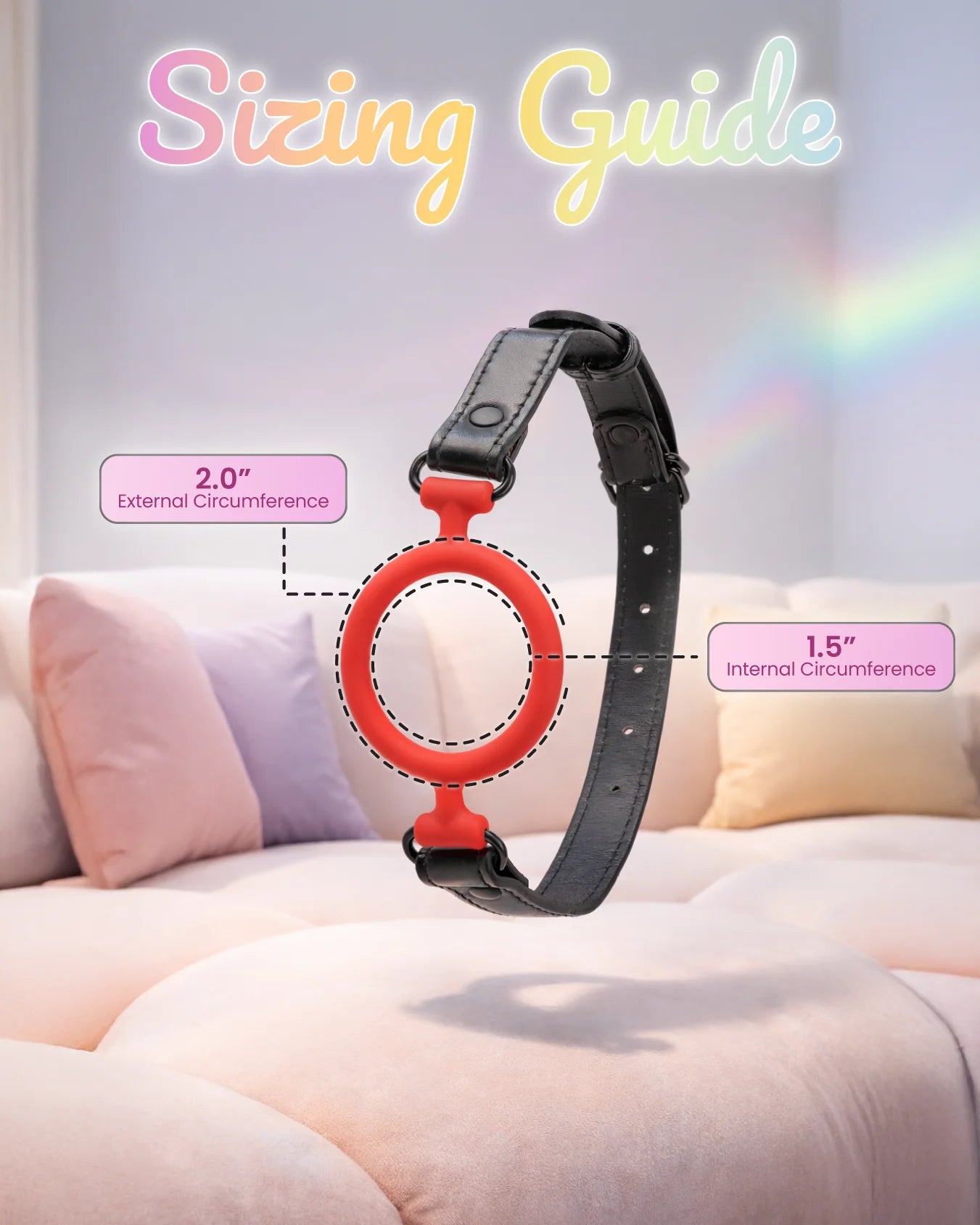 Red silicone O-ring gag sizing guide with ring dimensions for comfortable and secure open-mouth restraint