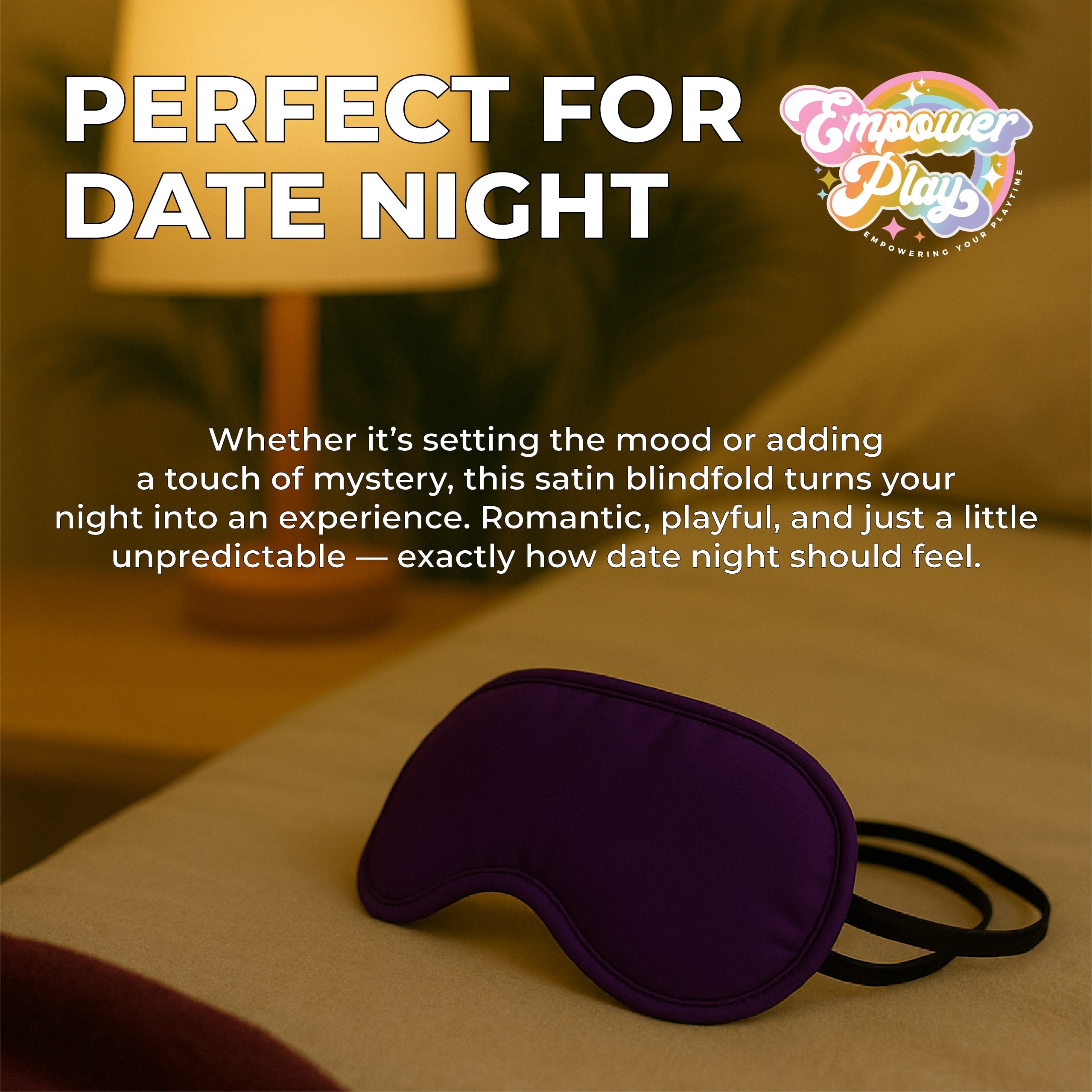 Iris purple satin blindfold styled for intimate sensory play with relaxing atmosphere