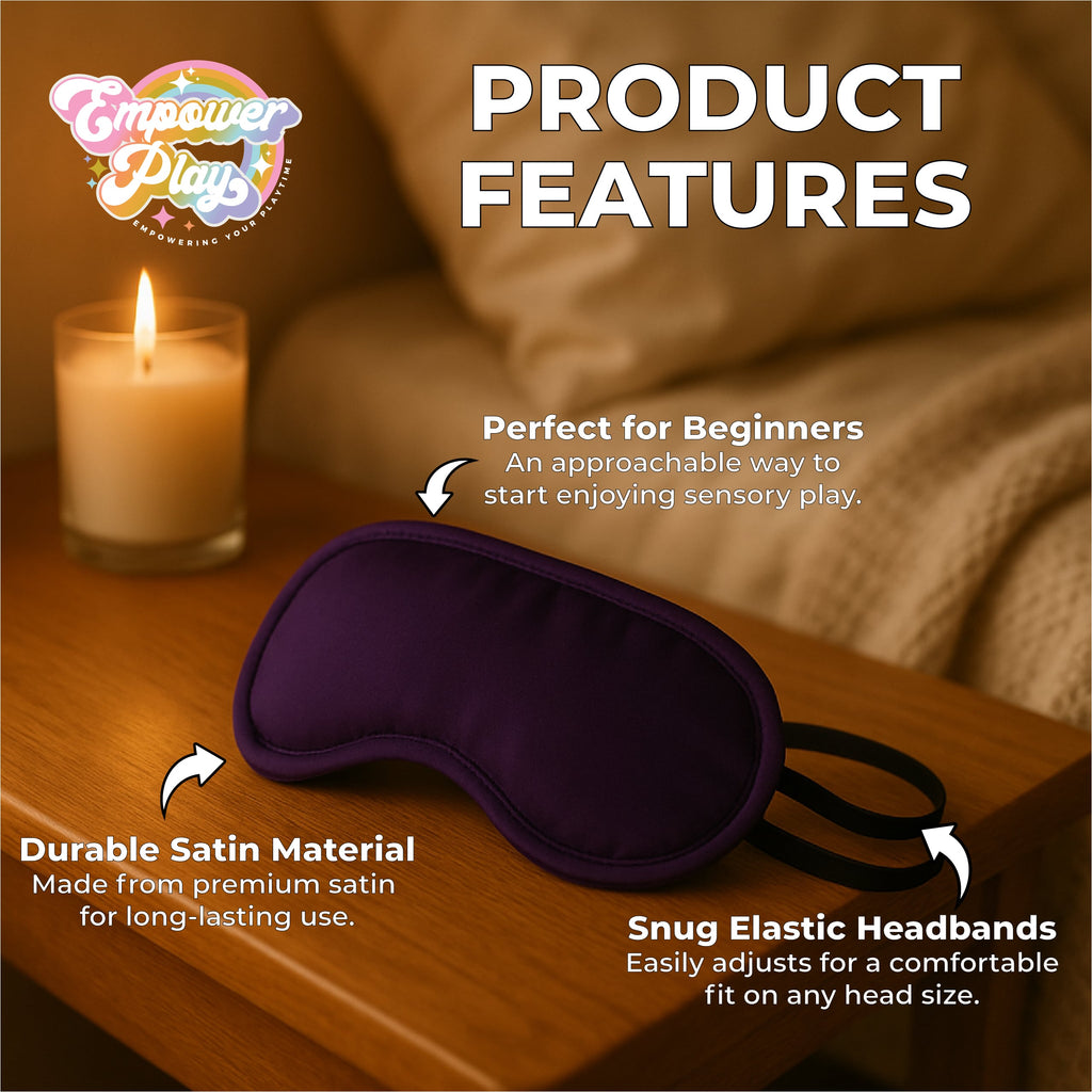 Iris purple satin blindfold product features highlighting soft satin and sensory play comfort