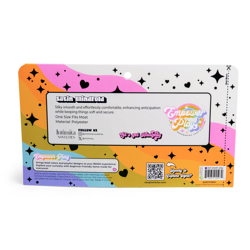 Back of Empower Play™ satin blindfold packaging showing details for the iris purple sensory play blindfold