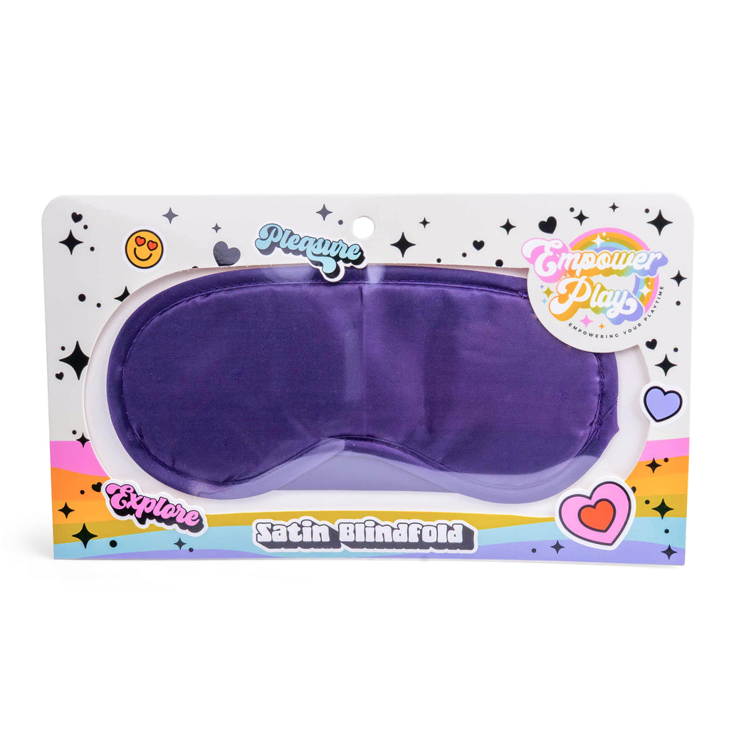 Front view of Empower Play™ satin blindfold packaging featuring the iris purple sensory play blindfold