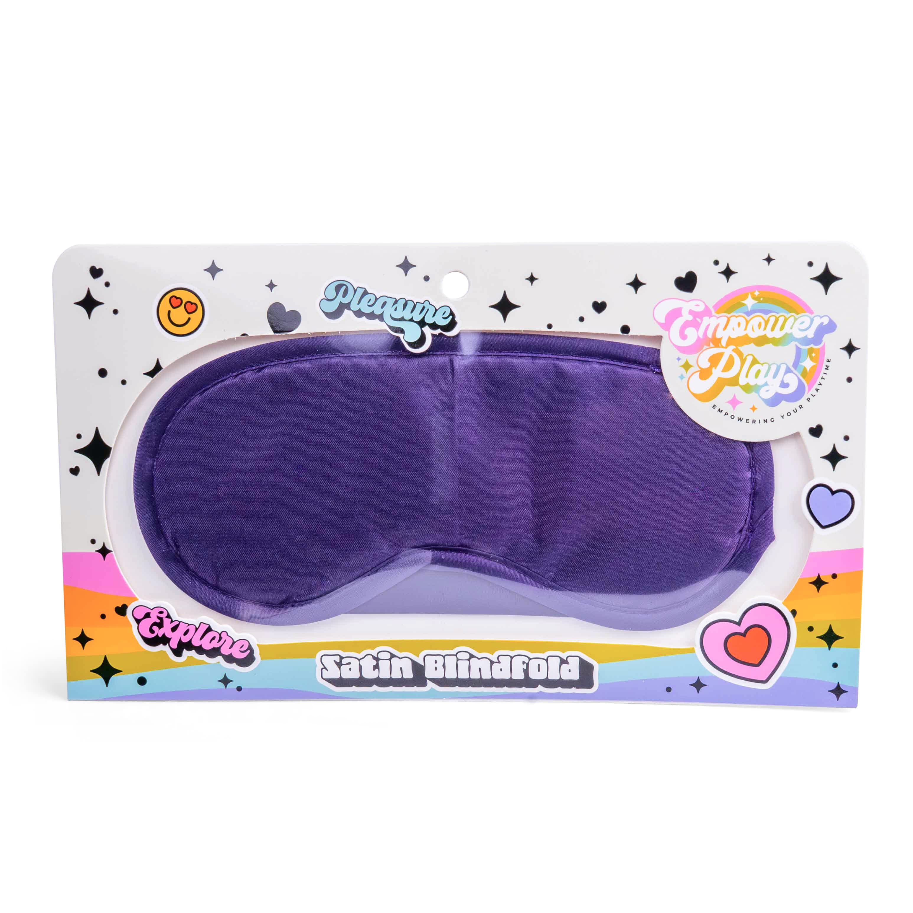 Front view of Empower Play™ satin blindfold packaging featuring the iris purple sensory play blindfold