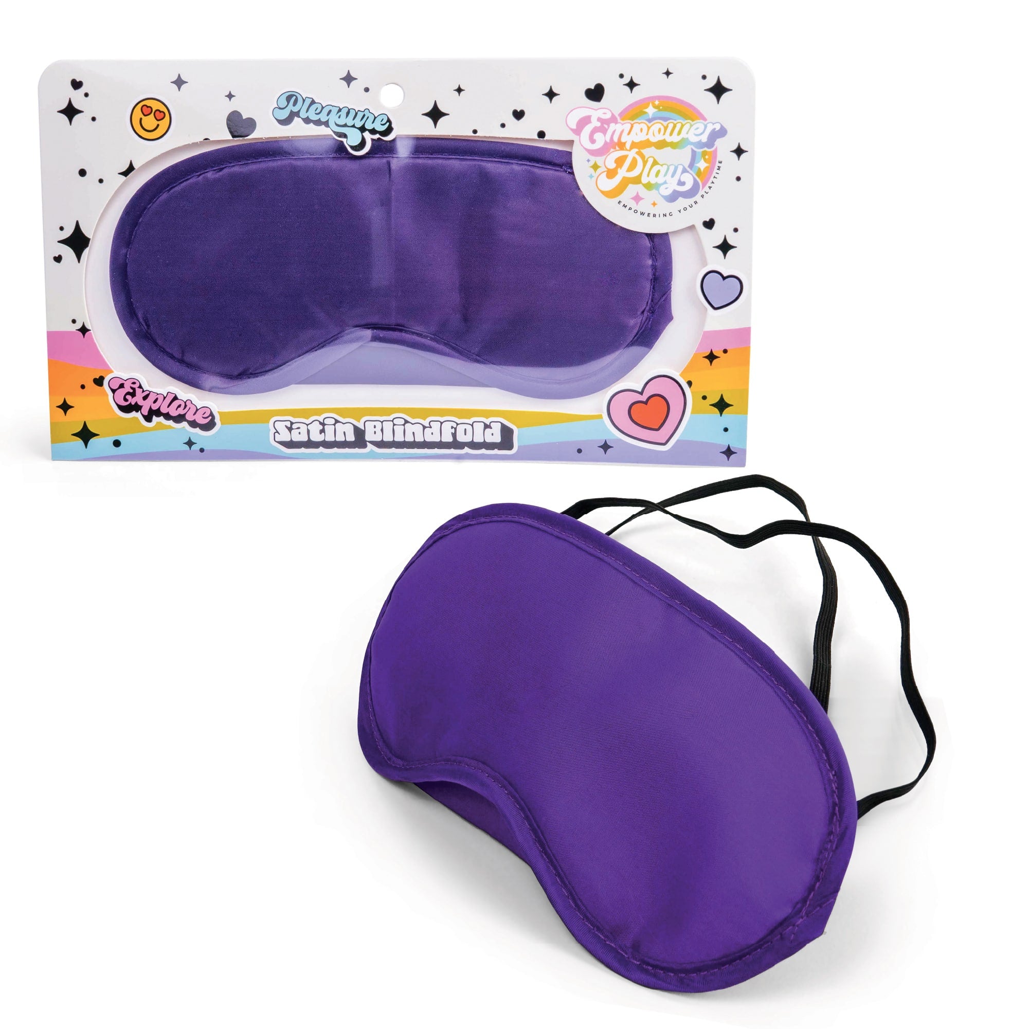 Iris purple satin blindfold for sensory play shown in Empower Play™ retail packaging with unboxed product view