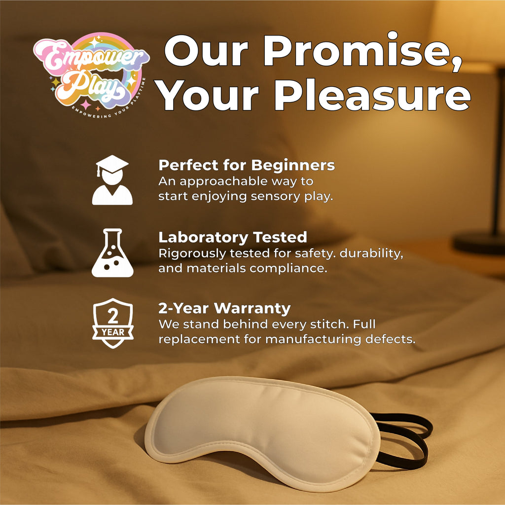 Empower Play™ brand promise graphic featuring the lily white satin blindfold designed for beginner sensory play