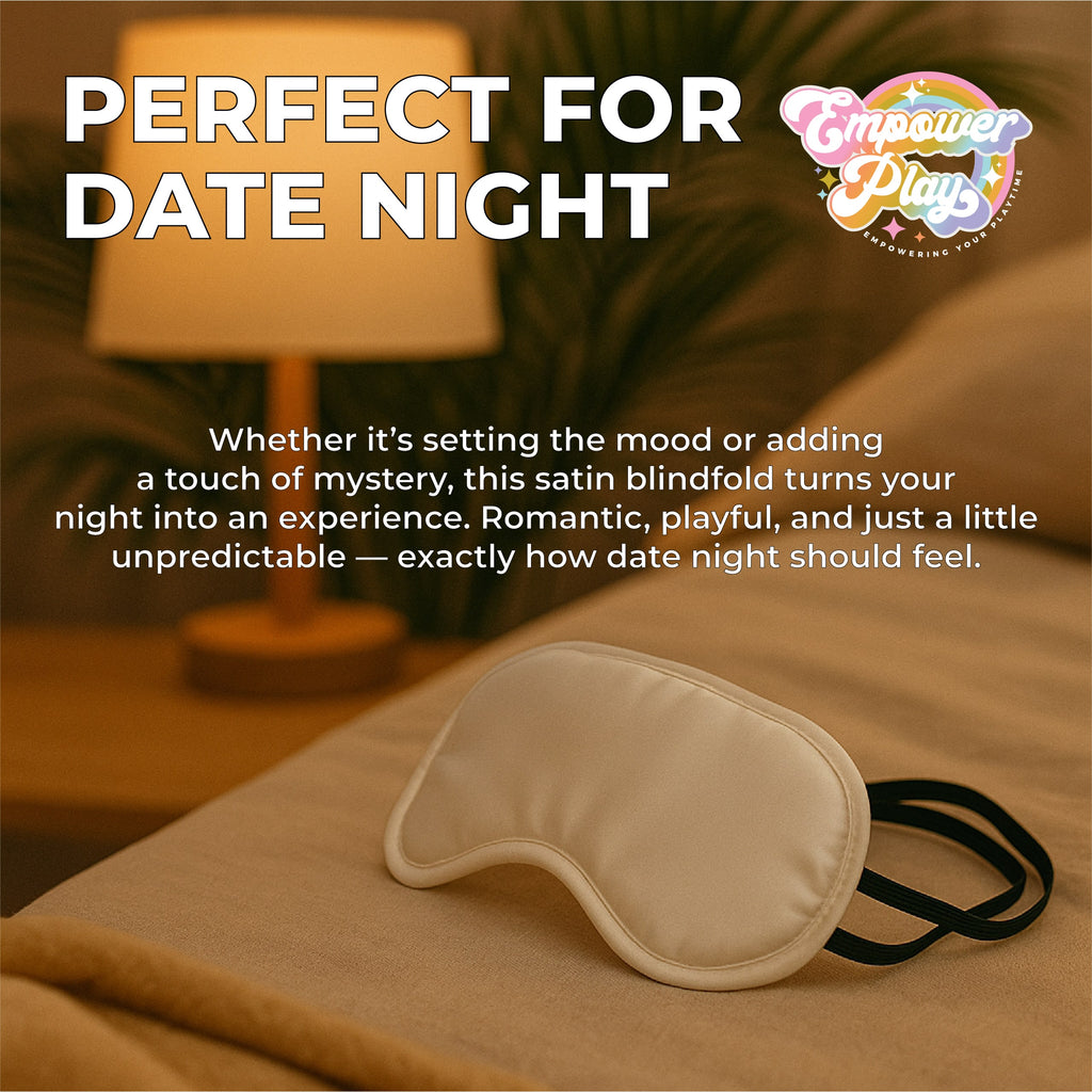 Lily white satin blindfold styled for soft romantic sensory play and date night mood
