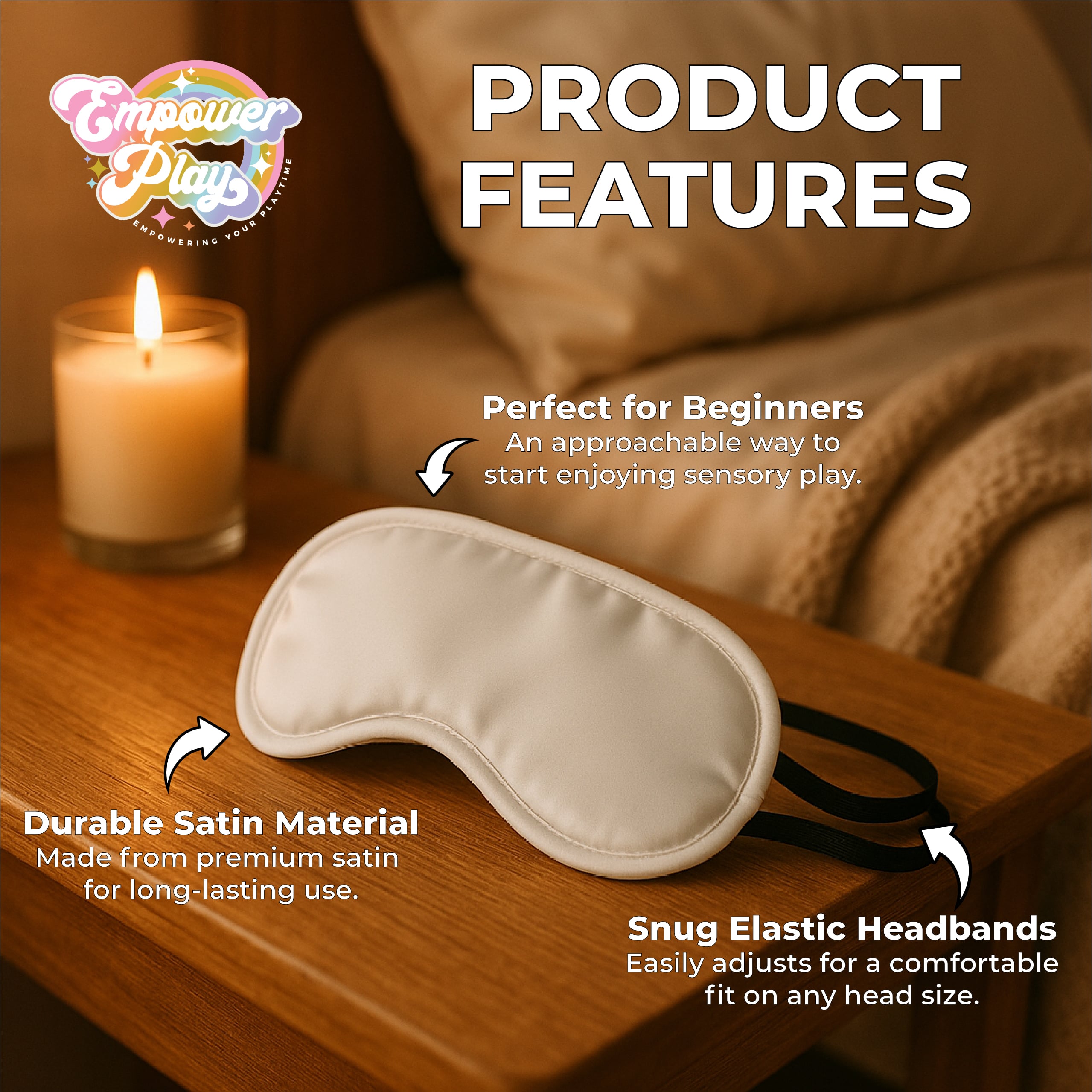 Lily white satin blindfold features highlighting soft satin fabric and beginner sensory play design