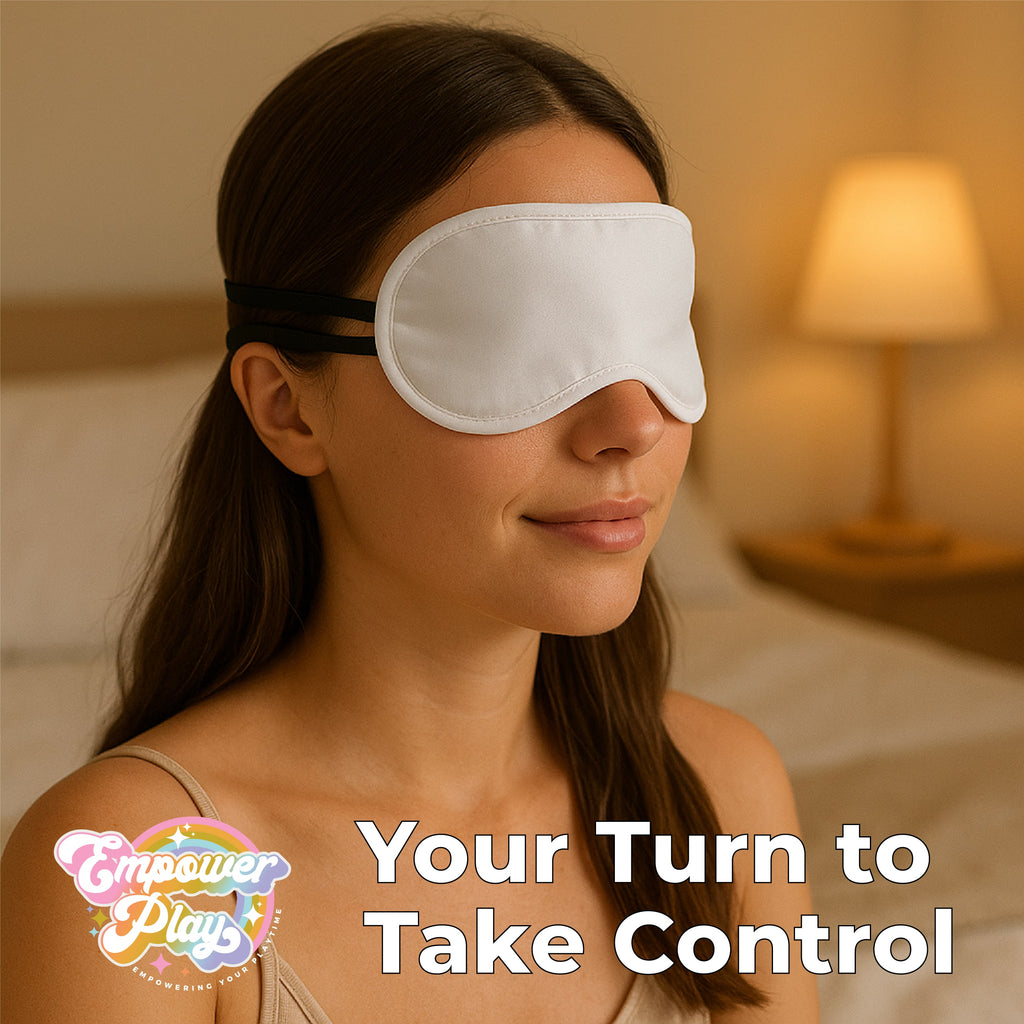 Model wearing a lily white satin blindfold during gentle beginner sensory play