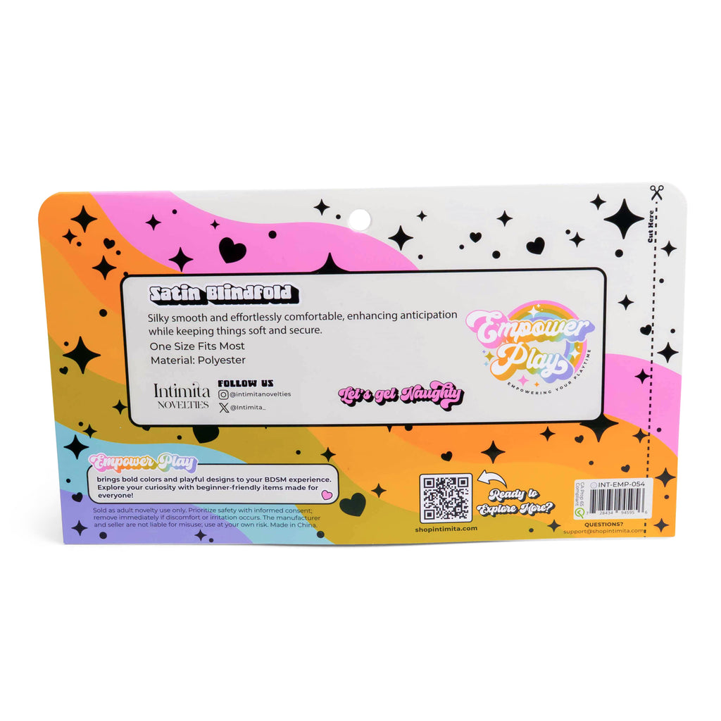Back of Empower Play™ satin blindfold packaging showing product details for the lily white sensory play blindfold