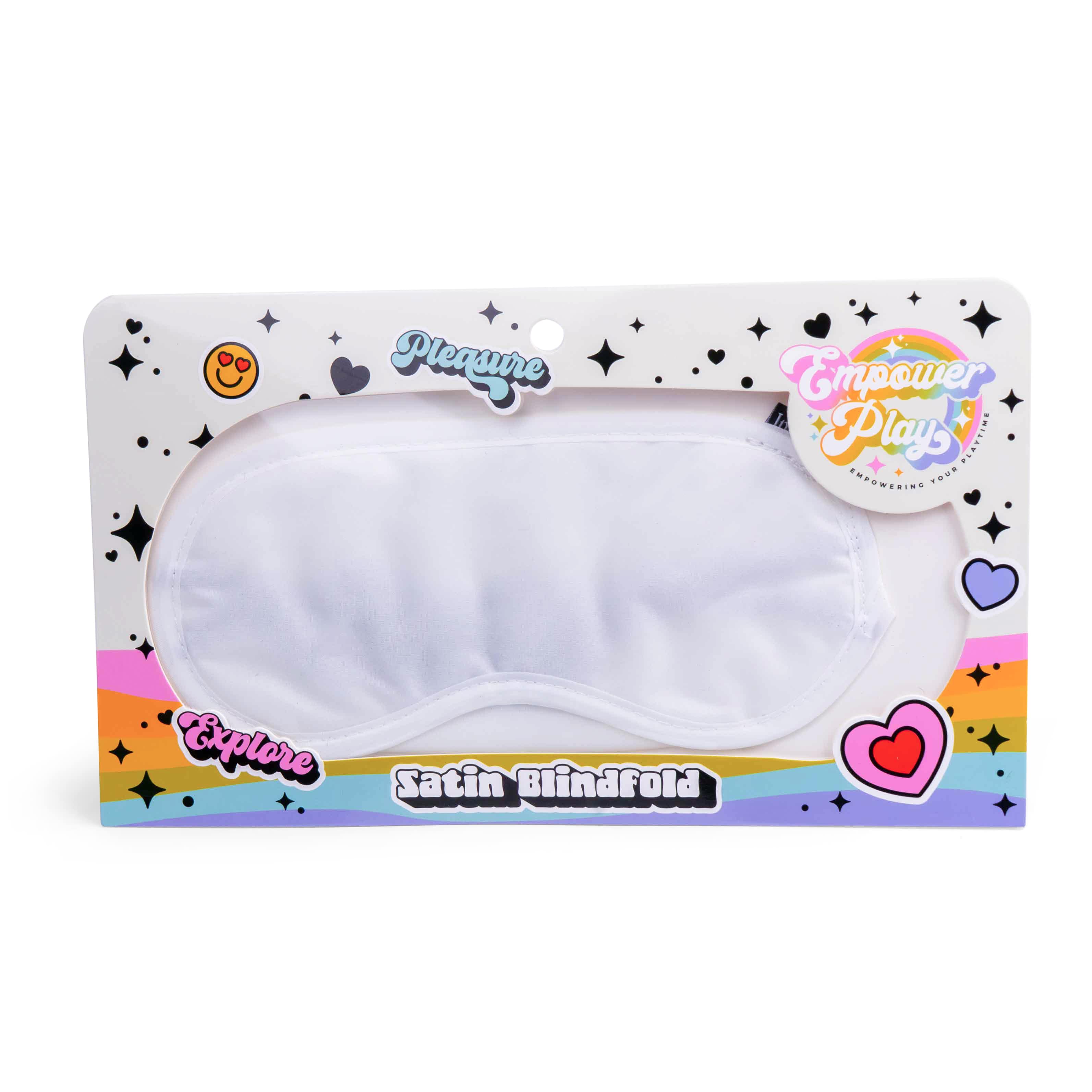 Front view of Empower Play™ satin blindfold packaging featuring the lily white sensory play blindfold