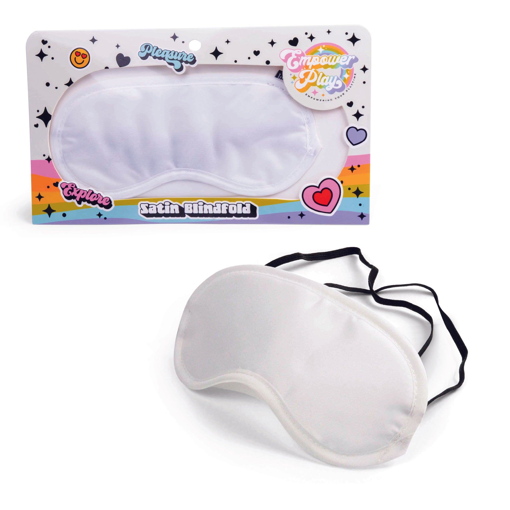 Lily white satin blindfold for sensory play shown in Empower Play™ retail packaging with product displayed outside