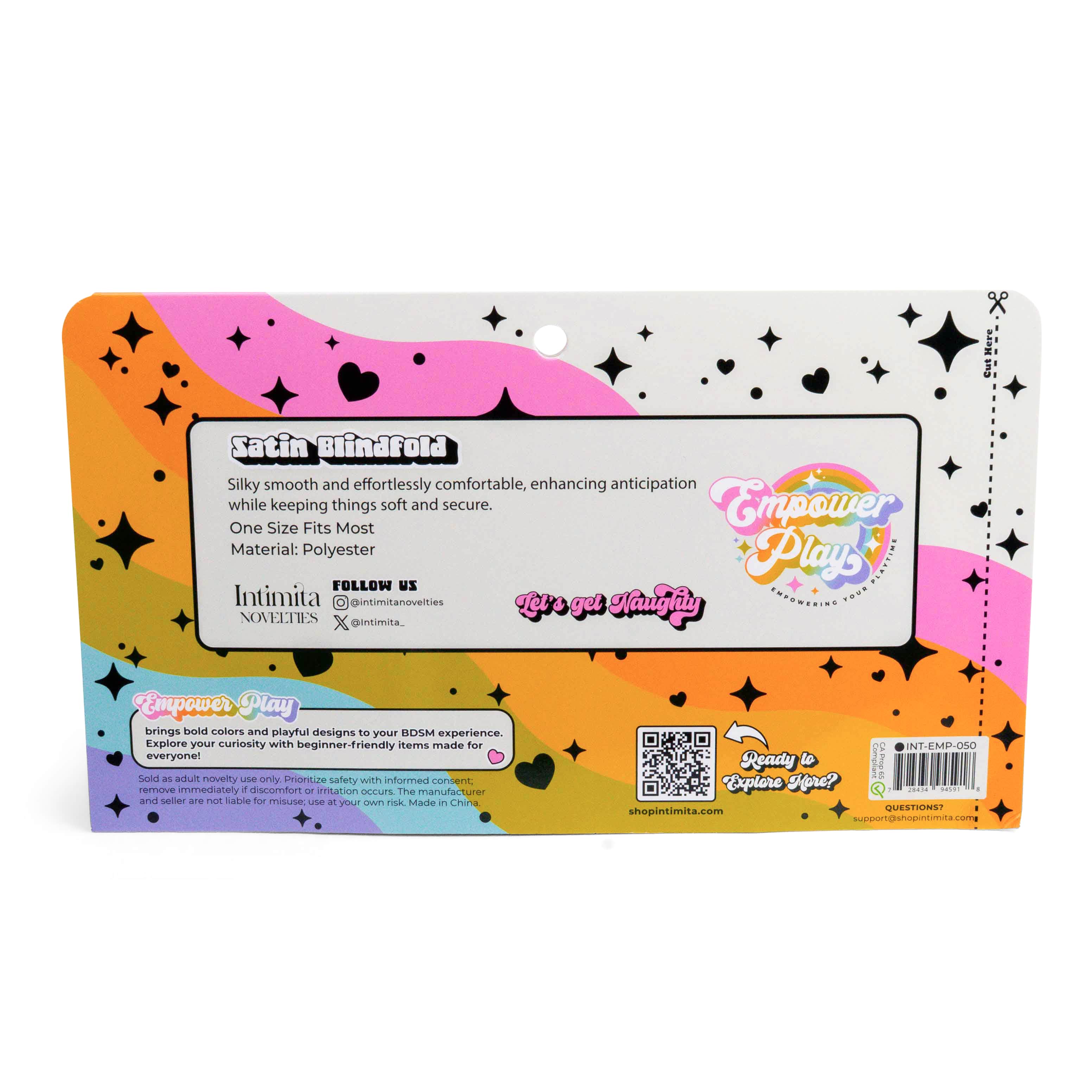 Back of Empower Play™ satin blindfold packaging with details for the midnight black sensory play blindfold