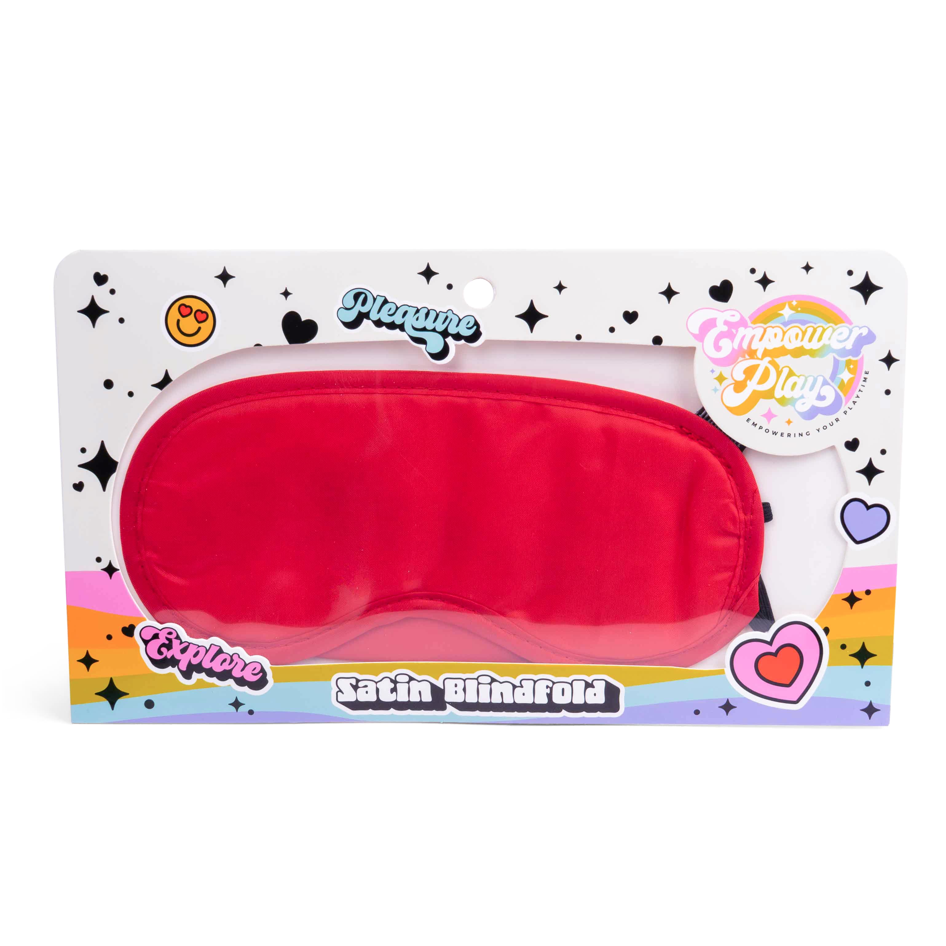 Front view of Empower Play™ satin blindfold packaging featuring the scarlet red sensory play blindfold