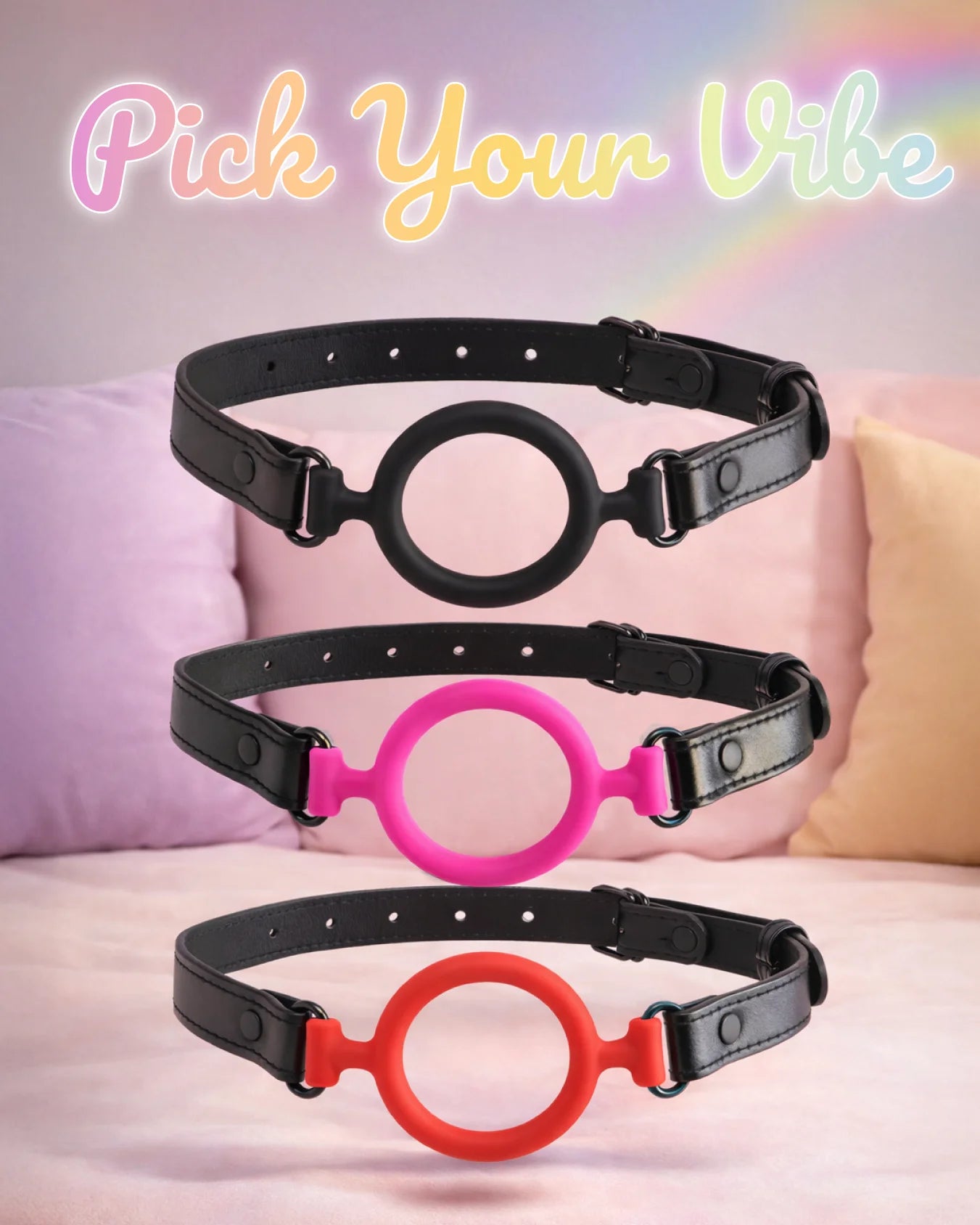 Silicone O-ring gag color options by Empower Play™ in black, pink, and red shown together for comparison of open-mouth gag styles