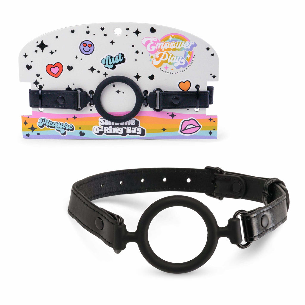 Midnight black silicone O-ring gag by Empower Play shown with retail packaging and adjustable PU leather straps